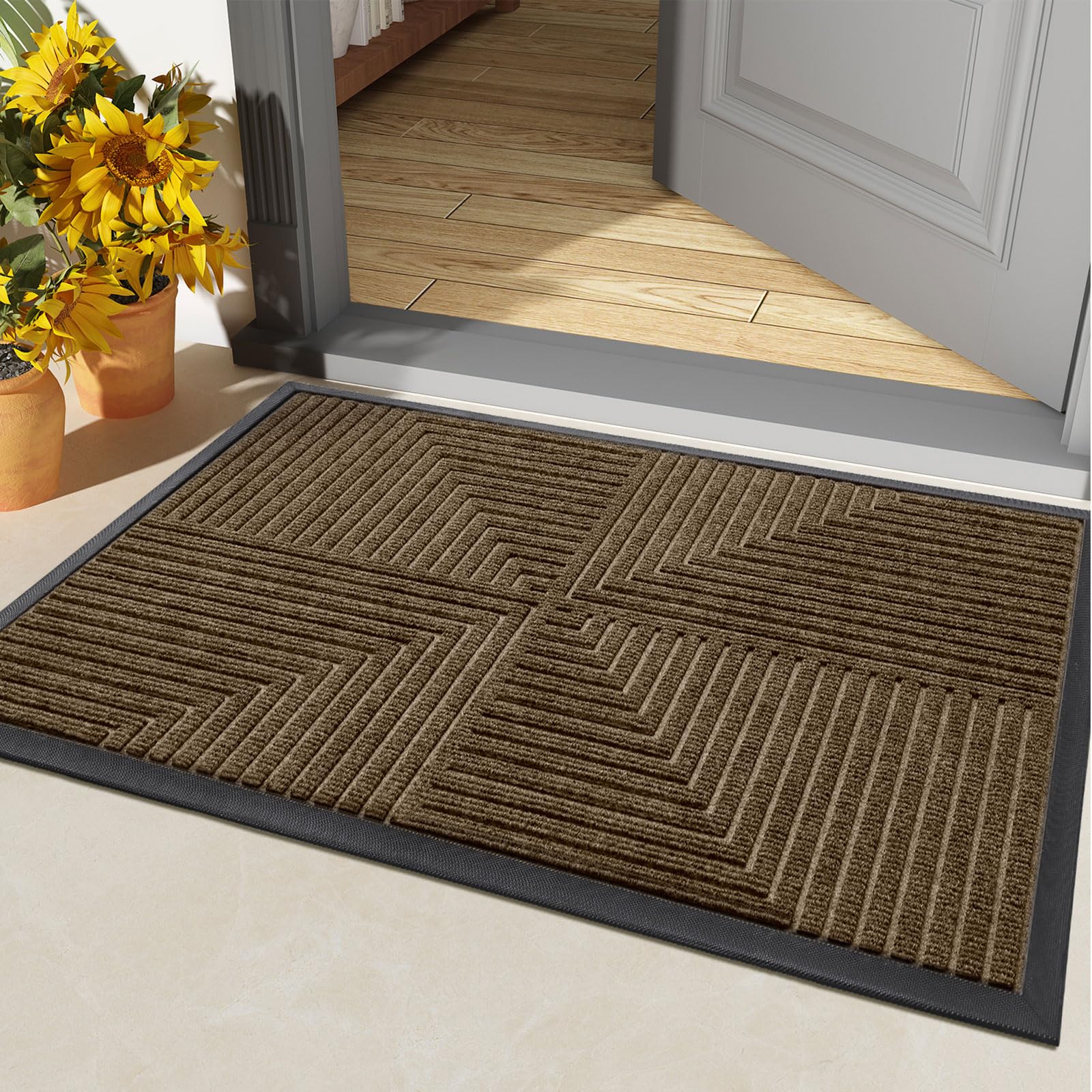 Arotive Front Door Mat Indoor Outdoor Entrance, Heavy Duty Non-Slip Rubber Doormats, Low Profile, Easy Clean, Dirt Trapper Entryway Floor Mats for Outside, Garages and Patios, 29.5x17, BrownOEKO-TEX STANDARD 100