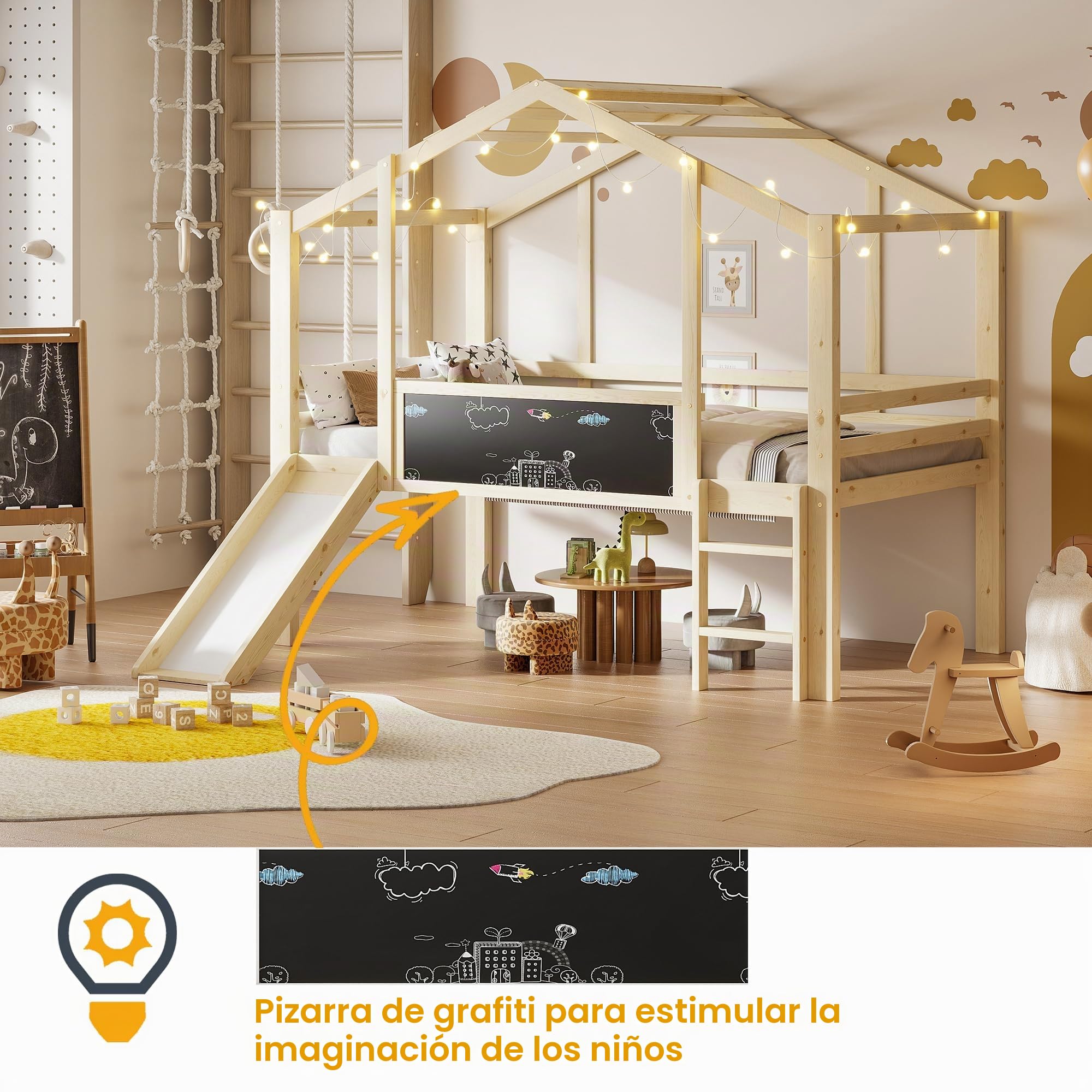 Cama infantil de 90 x 200 cm con escalera y tobogán, con pizarra, diseño de casita, cama alta de madera maciza (sin colchón) (natural)