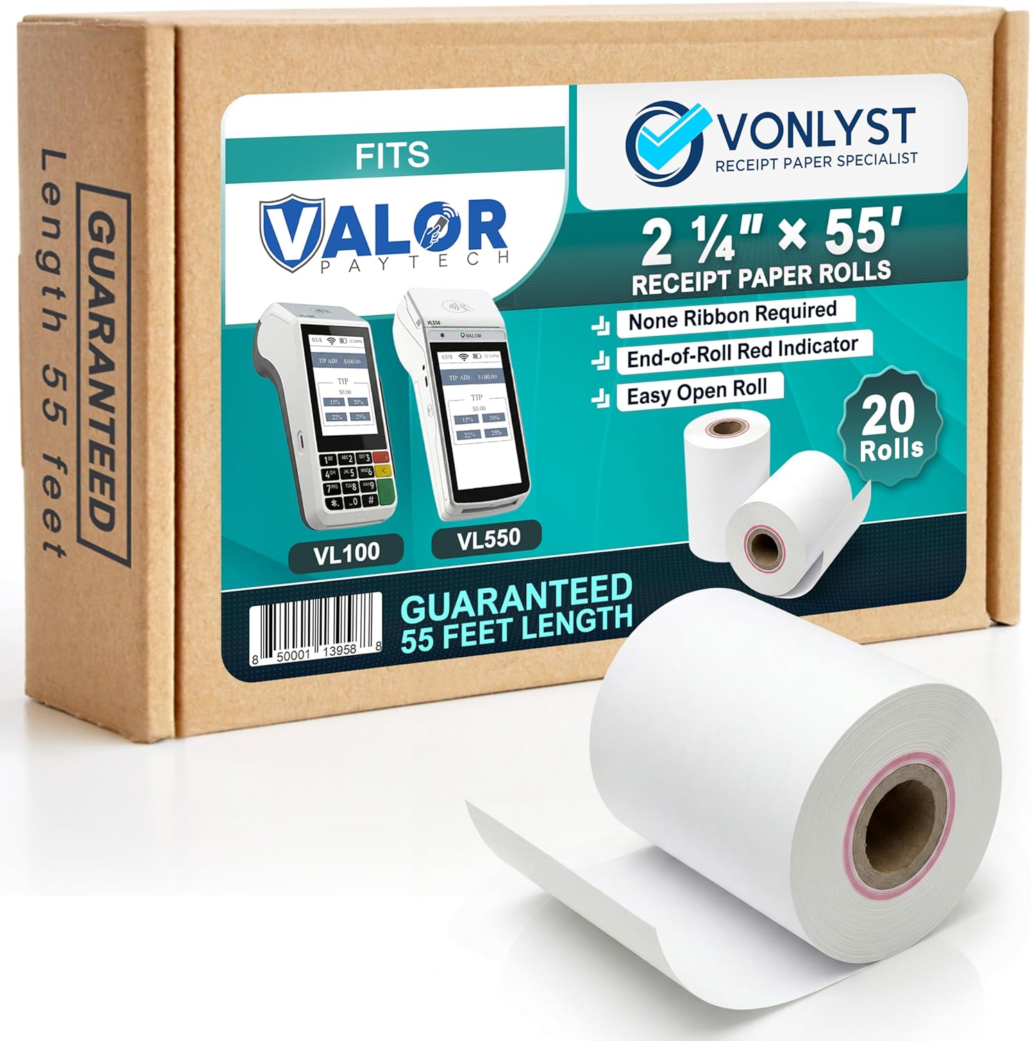 Receipt Paper Roll for Valor Paytech VL 110 and VL 500 Credit Card Machine (20 Rolls)