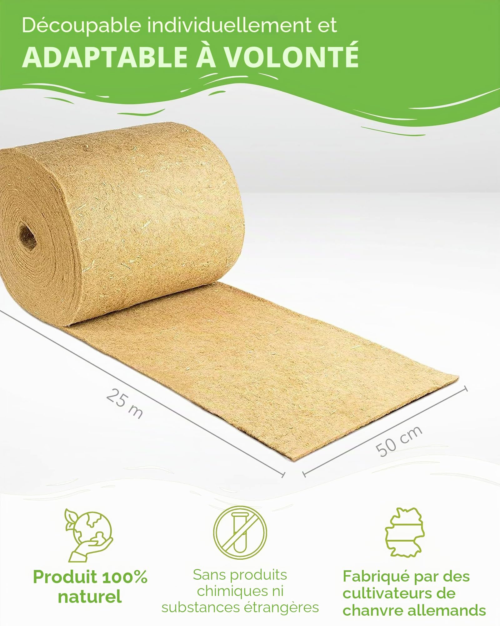 Tapis pour rongeurs en 100 % chanvre sur rouleau de 25 m de long, 50 cm de large, 5 mm d'épaisseur, tapis de chanvre pour tous les types de petits animaux