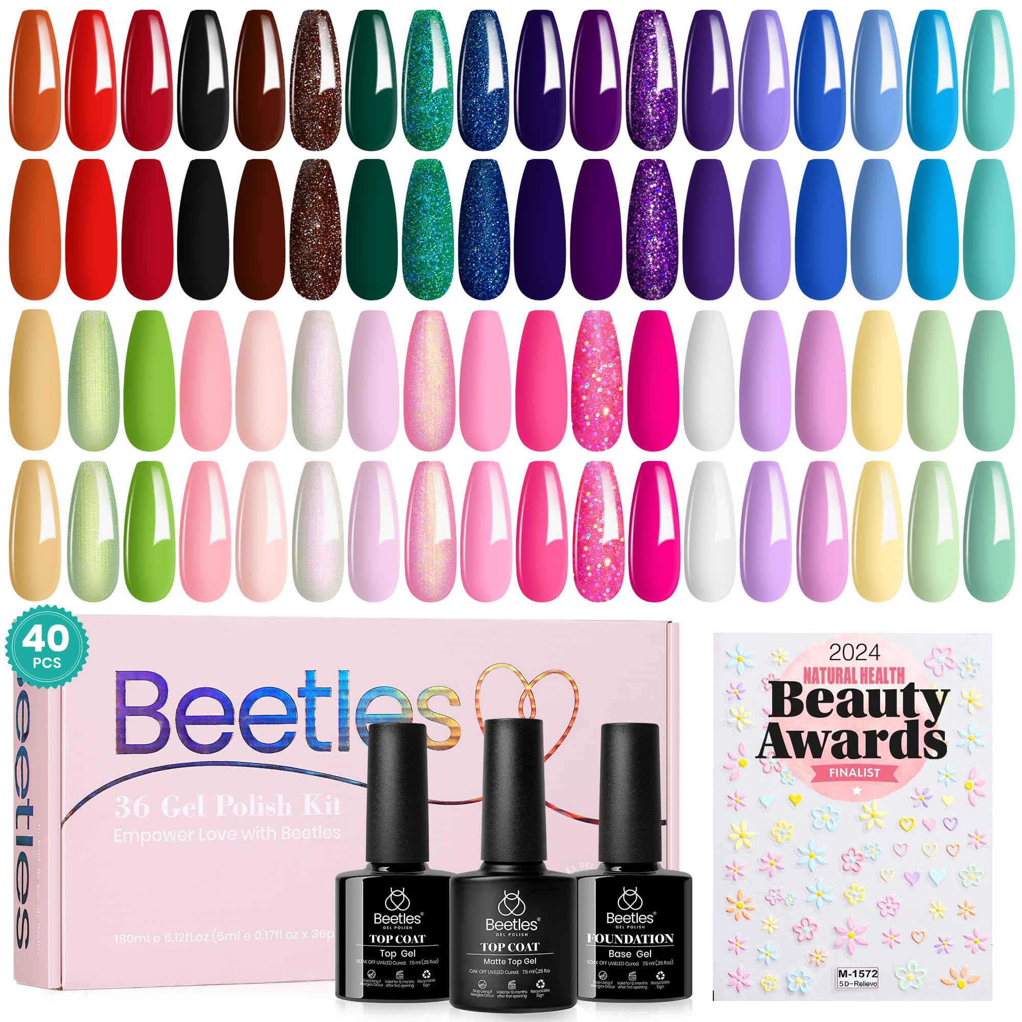 beetles Gel Polish Set 36 Colours Verse of Flower Collection Pink Red Green Blue Gel Polish with 3Pcs Base Top Coat Soak off UV Gel & Nail Art Stickers Gifts for Women