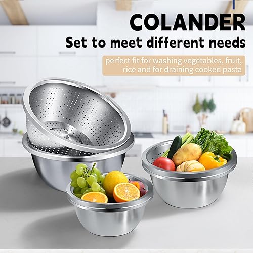 Miniatura 3 de Colador de acero inoxidable 304 de 3 cuartos de galón con cuencos para mezclar, colador para alimentos de cocina para lavar verduras, frutas, arroz,