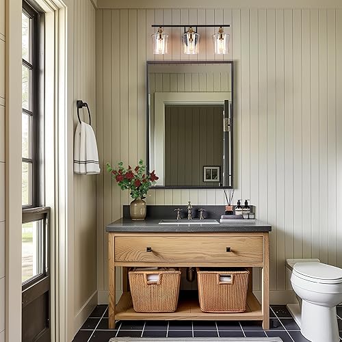 Miniatura 5 de KSANA Lámpara de tocador negra y latón, moderna lámpara de baño de oro negro con pantalla de vidrio semillado, iluminación de baño de 3 luces sobre