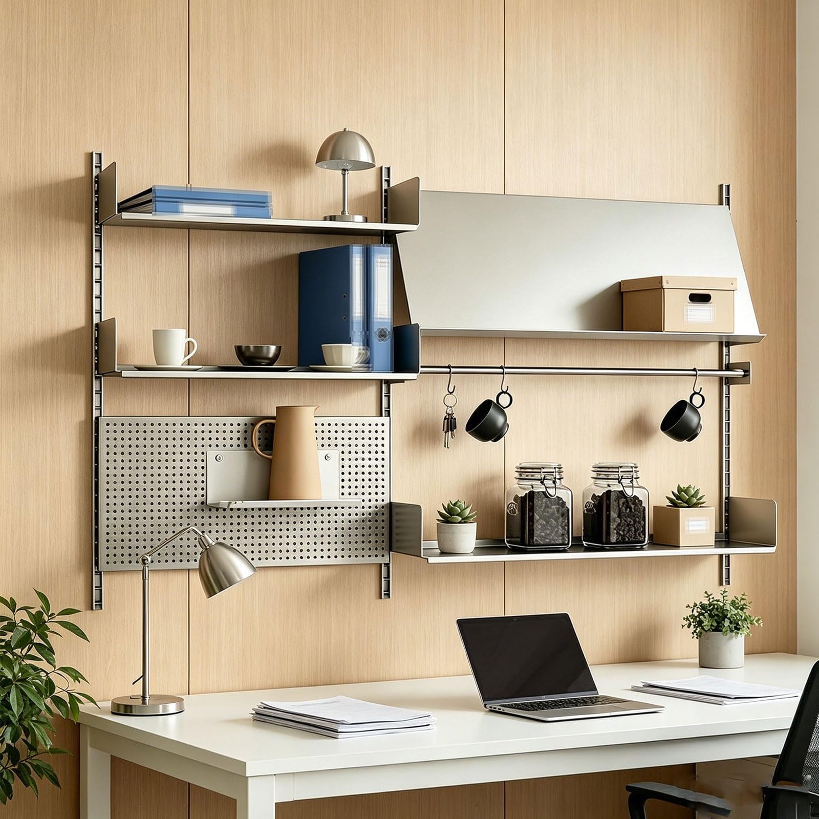 Pegboard Wall Organizer Acero Inoxidable Metal Organizador Dormitorio Altura de Estantes Ajustable Panel Perforado Pared Capacidad de Carga de 50Kg por Estante