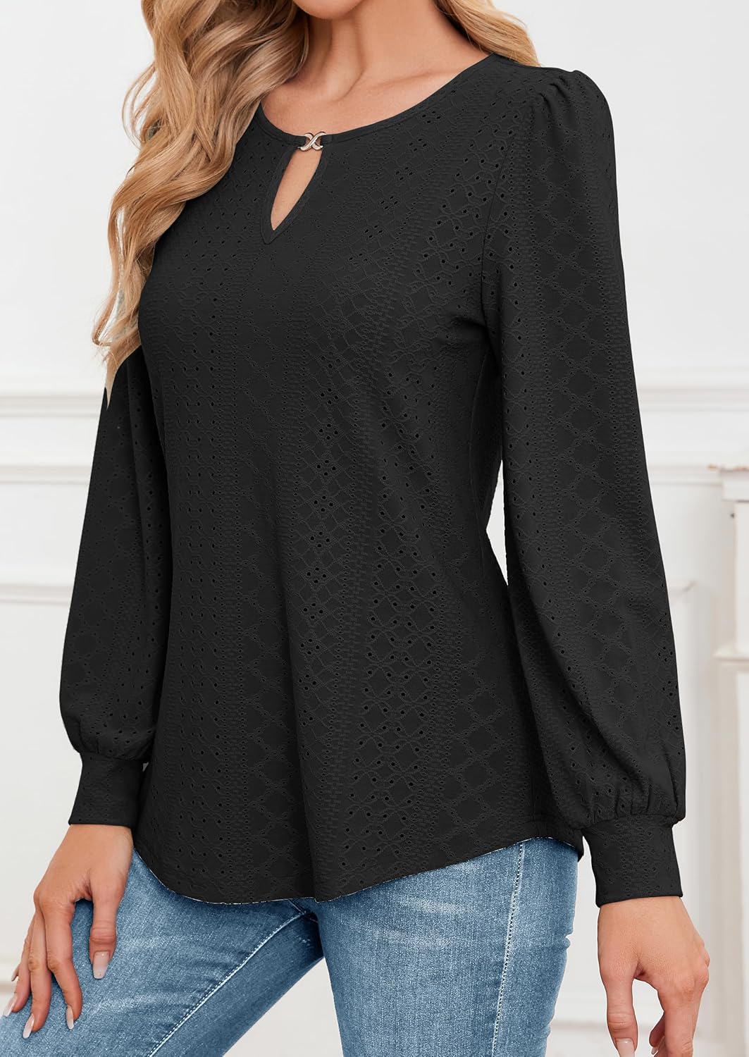 Womens Long Sleeve Eyelet Tops V Neck Fall Shirts Casual Loose Blouses - Image 2