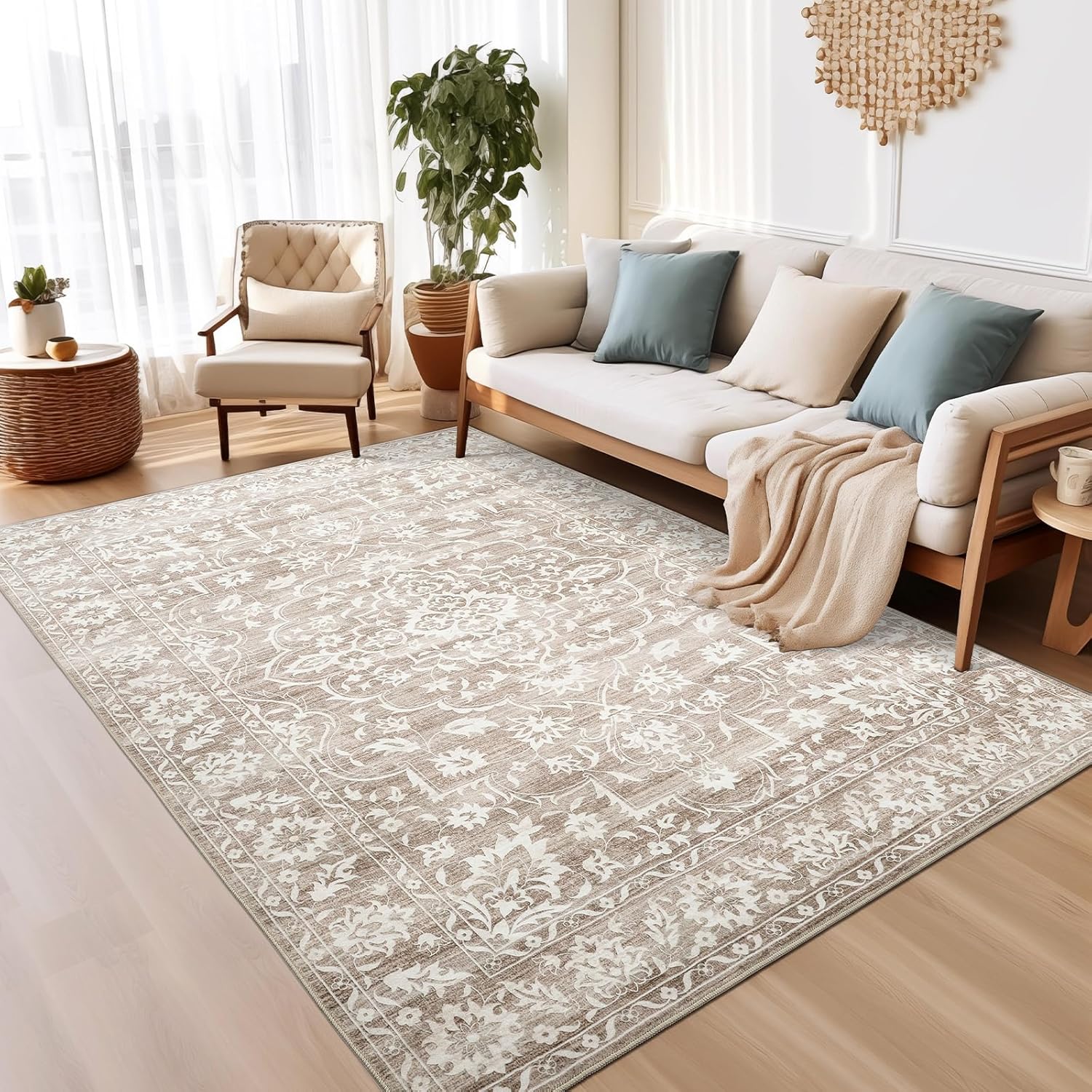 6x9 Area Rugs for Living Room, Stain Resistant Washable Rugs for Dining Room, Kitchen, Floral Vintage Non-Slip Thin Area Rug(Light Brown, 6'x9') Light Brown 6' x 9' (Rectangular)