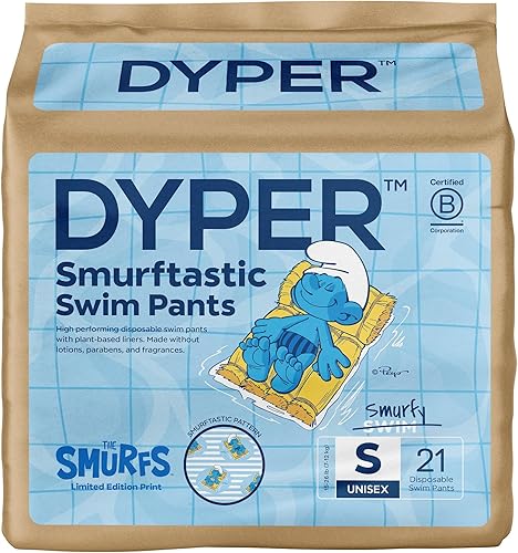 DYPER Smurftastic - Pañales de natación para bebé, hipoalergénicos a base de plantas, pañales de natación ecológicos y absorbentes para bebés, talla