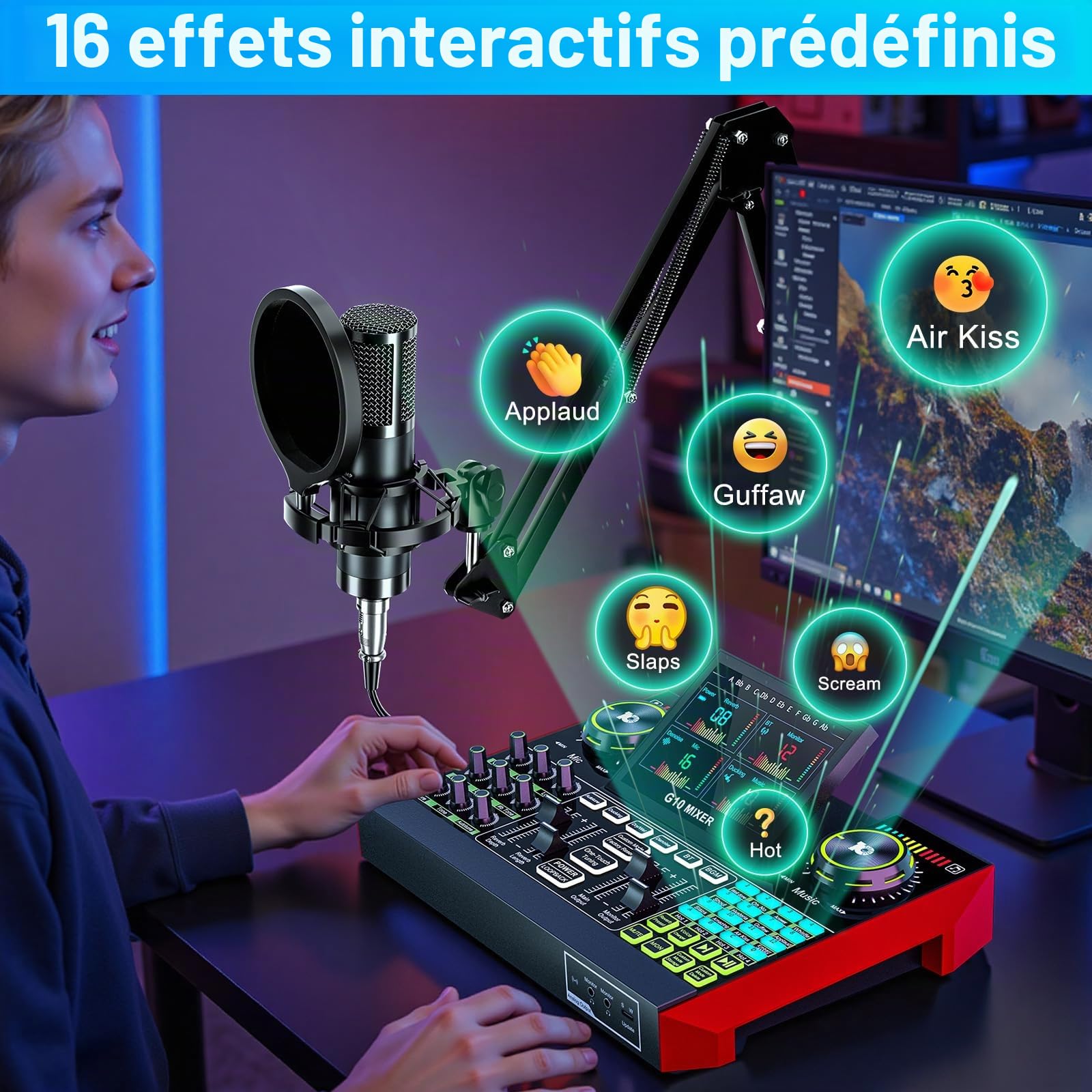 tenlamp Équipement Podcast avec Table de Mixage Audio et Microphone Condensateur 3.5mm, pour PC et Smartphone, Chant en Direct Live, Création de Contenu Gaming, Soundboard avec Changeur de Voix