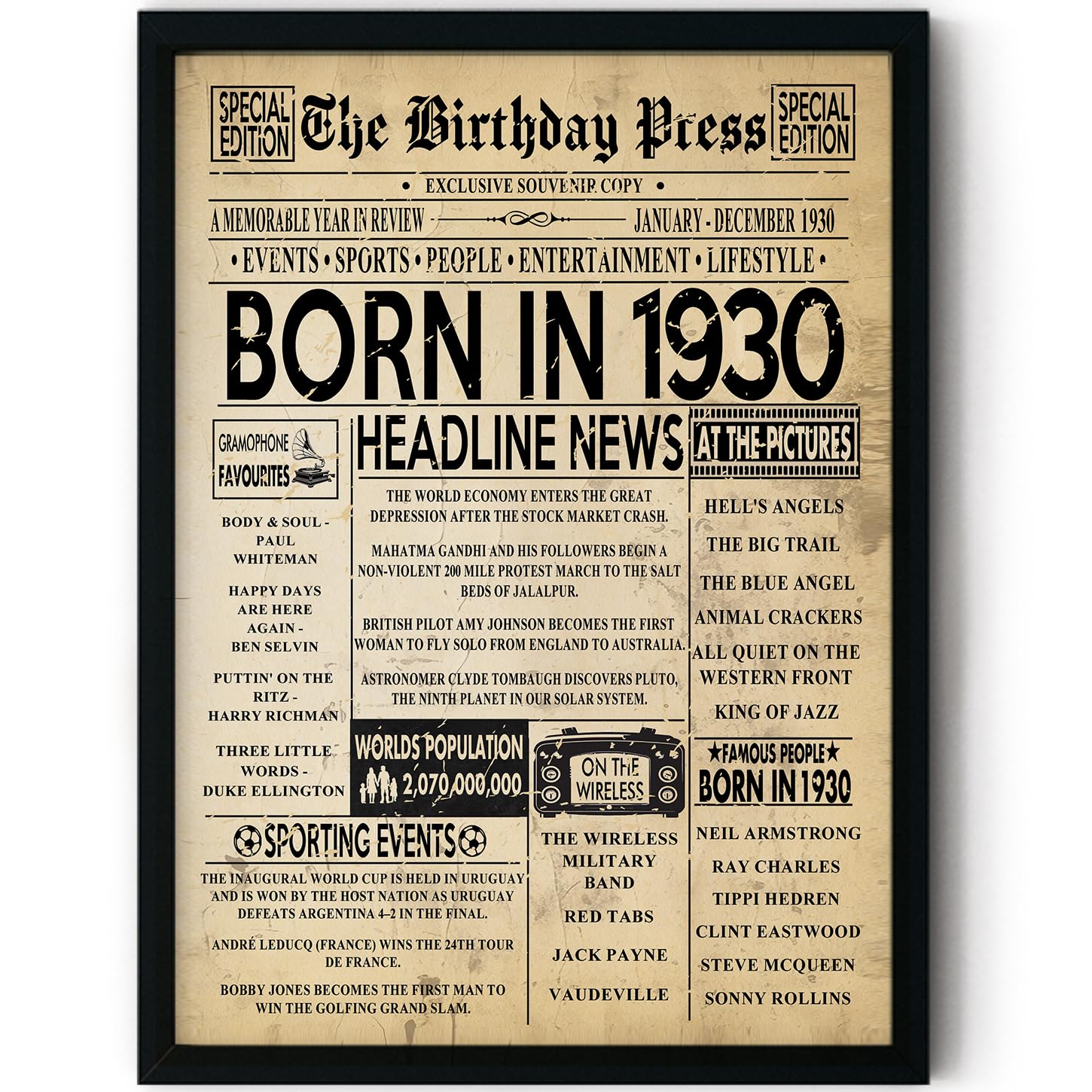 Stuff4 96th Birthday Poster Framed - Born In 1930 Vintage Newspaper - Happy 96th Birthday Gifts for Women Men Retro Back In 1930, 8x10 Inch Decor Decoration Bday Party