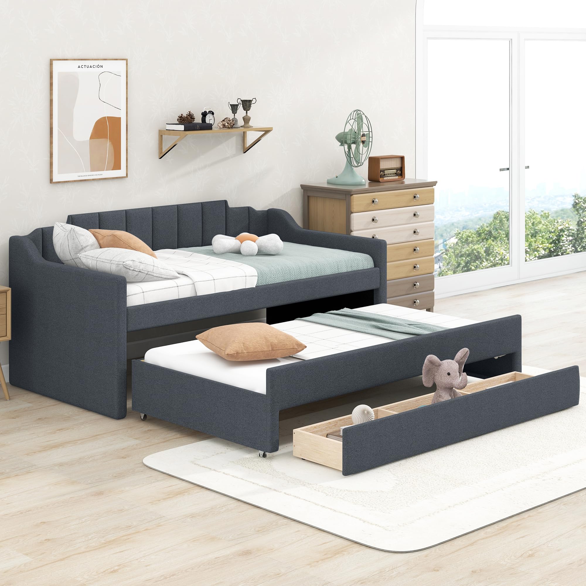 HABITRIO Twin Size Daybed with Trundle and Three Drawers, Wood Sofa Bed with Swooping Arms, Grey