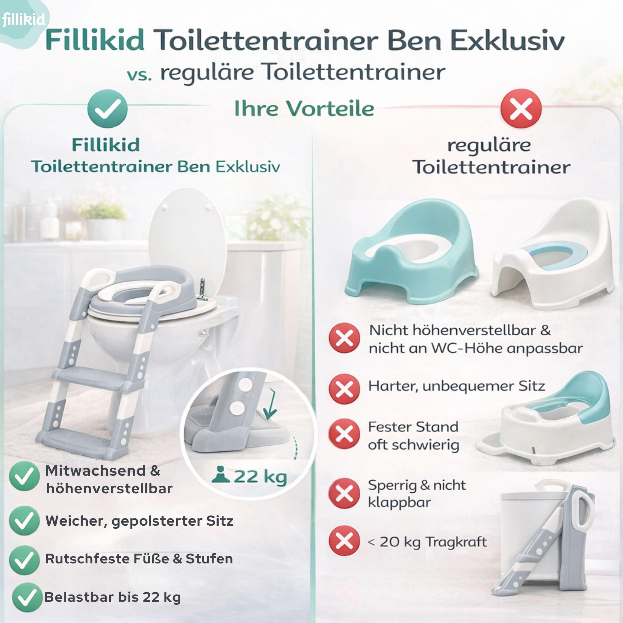 Fillikid Toilettentrainer Exklusiv | Toilettensitz mit Treppe für Kinder ab 24 Monaten | Höhenverstellbar, rutschfest & klappbar | Mit Haltegriffen & weichem Sitzpolster | Toilettentrainer | Höhenverstellbar, Rutschfest & Klappbar, Mit Haltegriffen, Weich