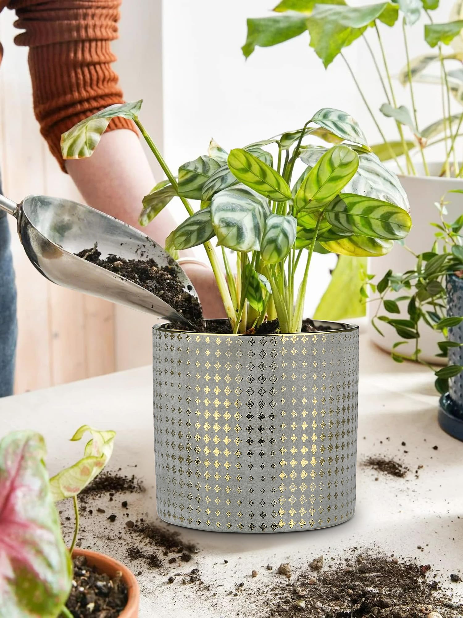 Oairse 2er-Set Blumentöpfe mit Abflussloch Vergoldeter Keramik-Pflanztopf mit Gold Star Textur Perfekt für Moderne Dekoration und Pflanztöpfe, Dekorativen KeramikTöpfen Drinnen und Draußen