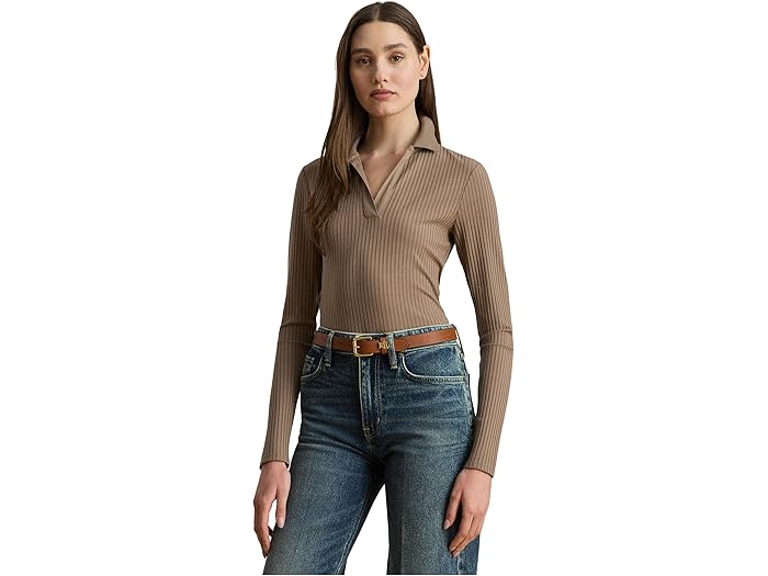 Rib-Knit Long-Sleeve Polo Top - Image 1