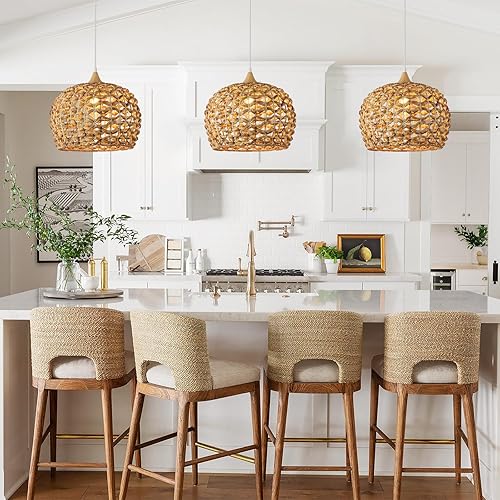 Miniatura 5 de Luces colgantes bohemias, 15.7 pulgadas, lámpara colgante de mimbre tejida a mano con pantalla de jacinto de agua, cúpula costera colgante para