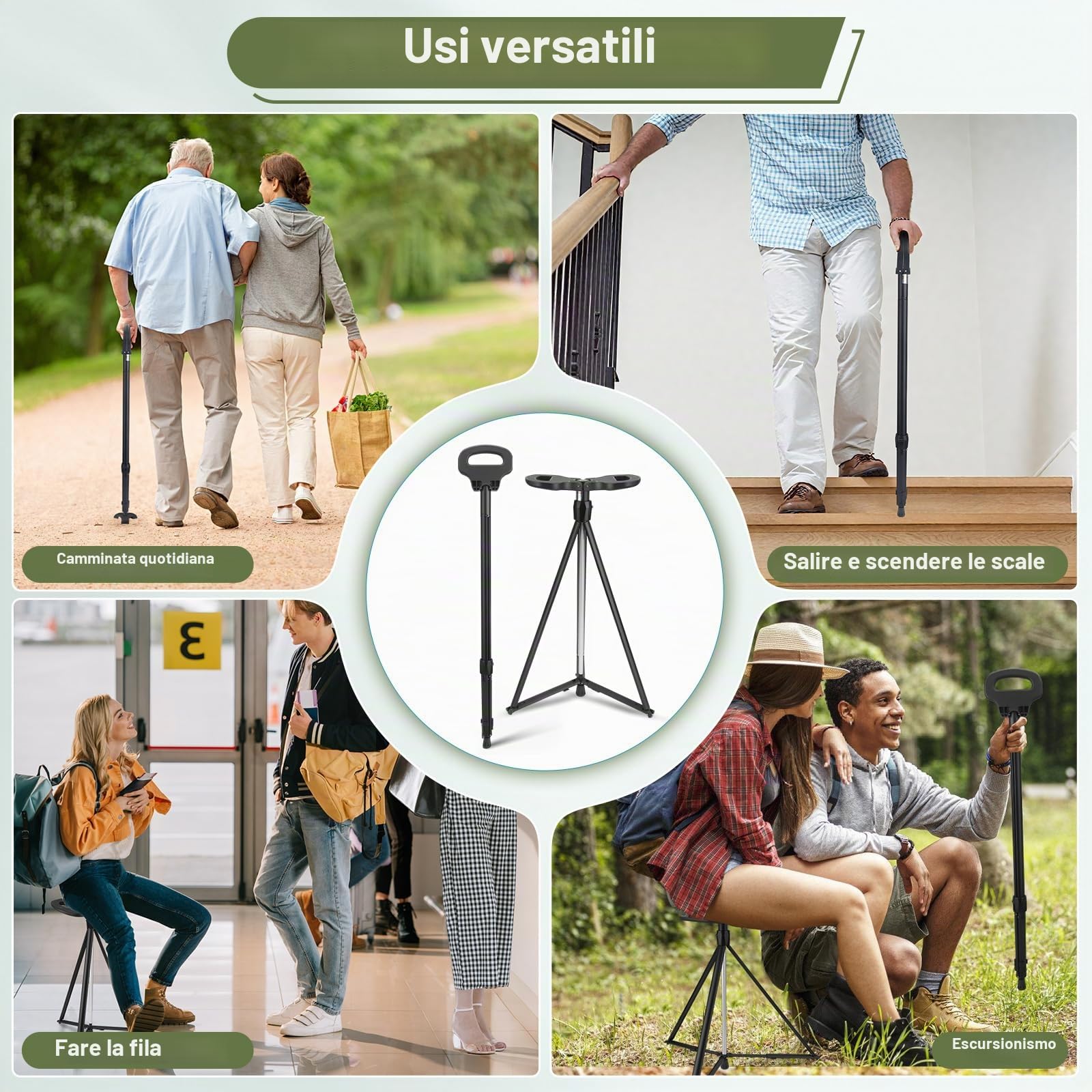 Bastone da passeggio portatile con seduta, bastone da passeggio regolabile con seduta, bastone da passeggio pieghevole leggero in alluminio antiscivolo per adulti, 330 libbre