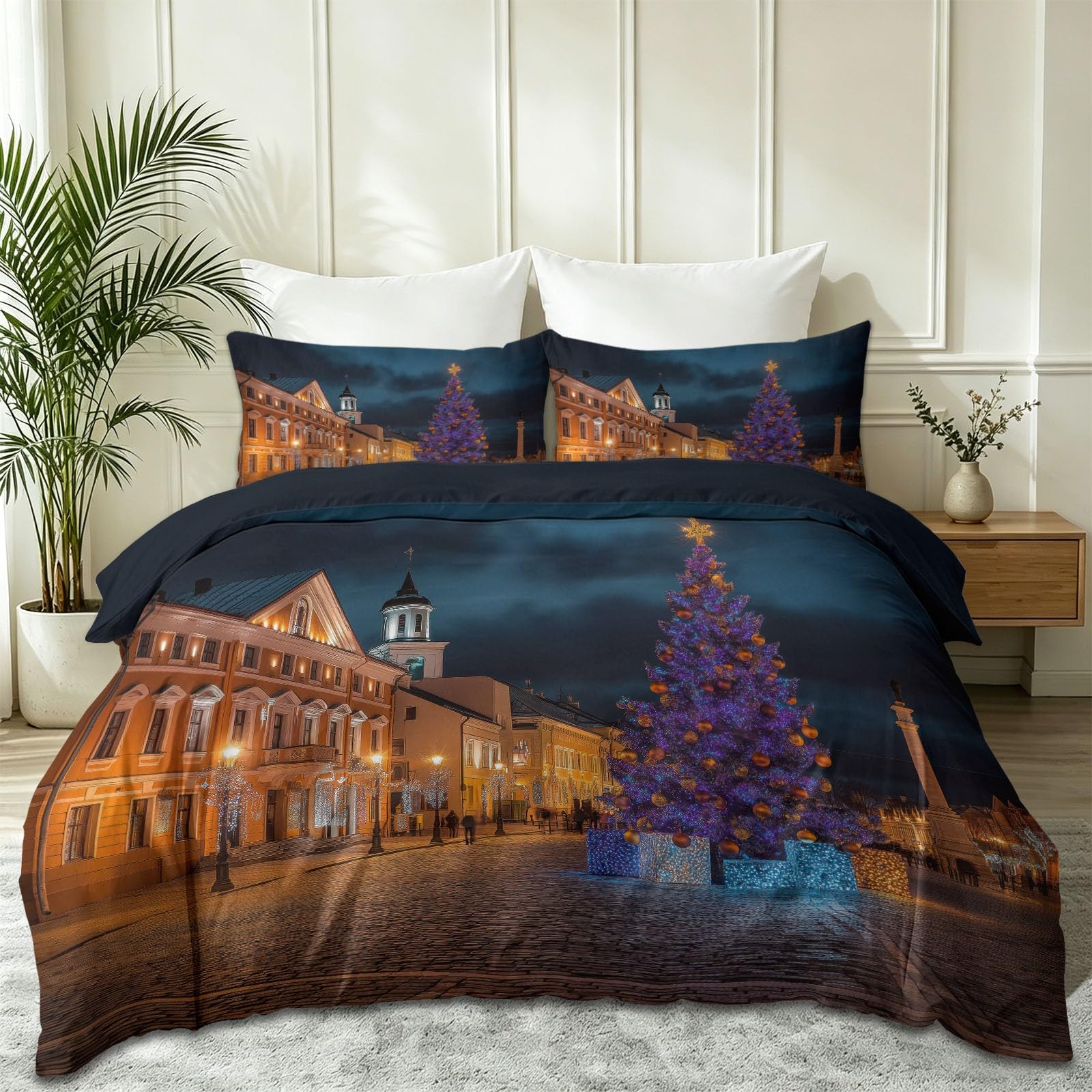Verträumt świąteczny, oddychający zestaw pościeli, 200 x 200 cm, szara, z mikrofibry, dwustronna poszewka na kołdrę z ukrytym zamkiem błyskawicznym, wzór architektoniczny, choinka, dla rodzin i dzieci