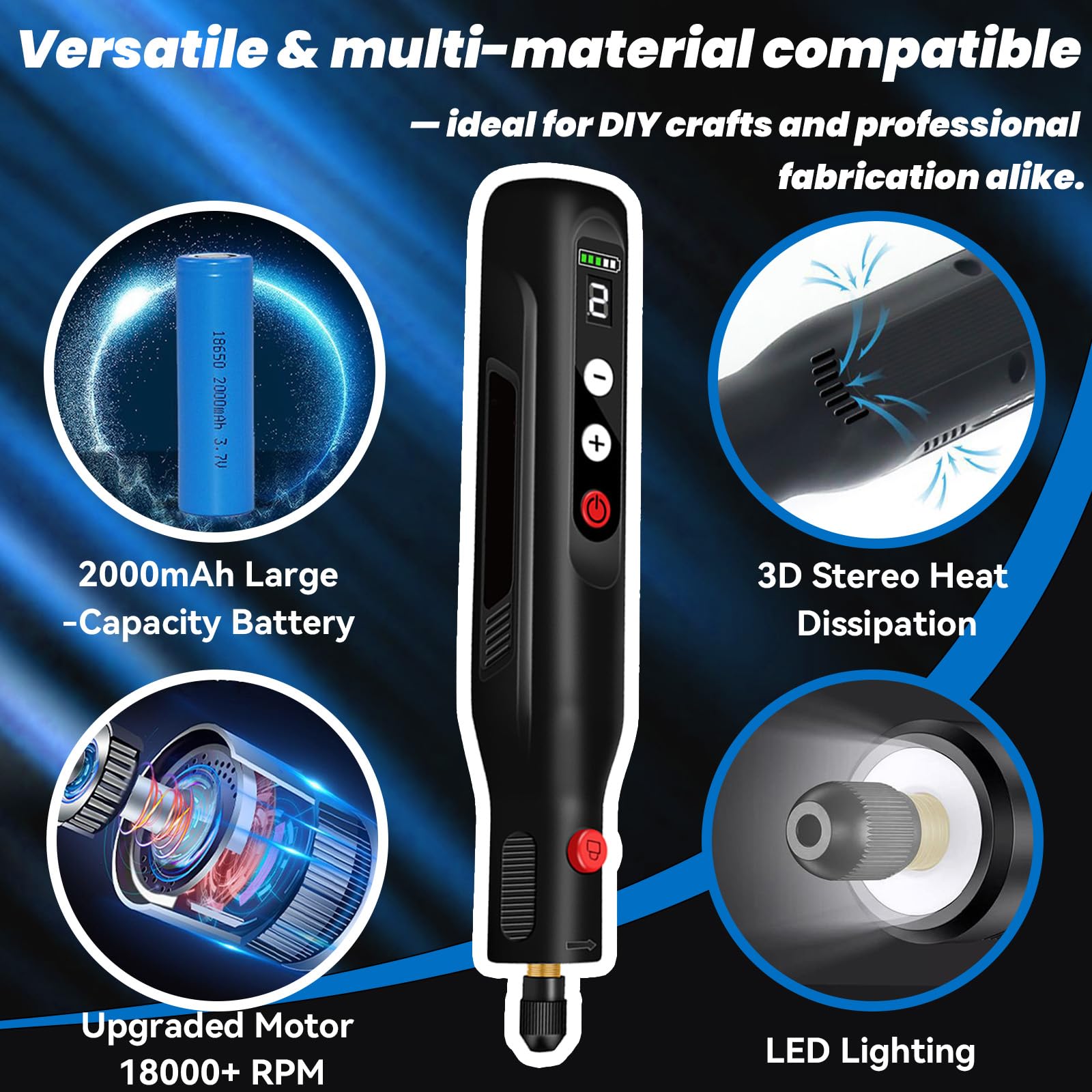 Herramienta Multifuncional, Mini Amoladora Eléctrica Inalámbrica de Herramienta Rotativa con 155 Accesorios Mini Máquina de Grabado con 5 Velocidades y Luz LED para Taladrar Grabar Pulir Esmerilar