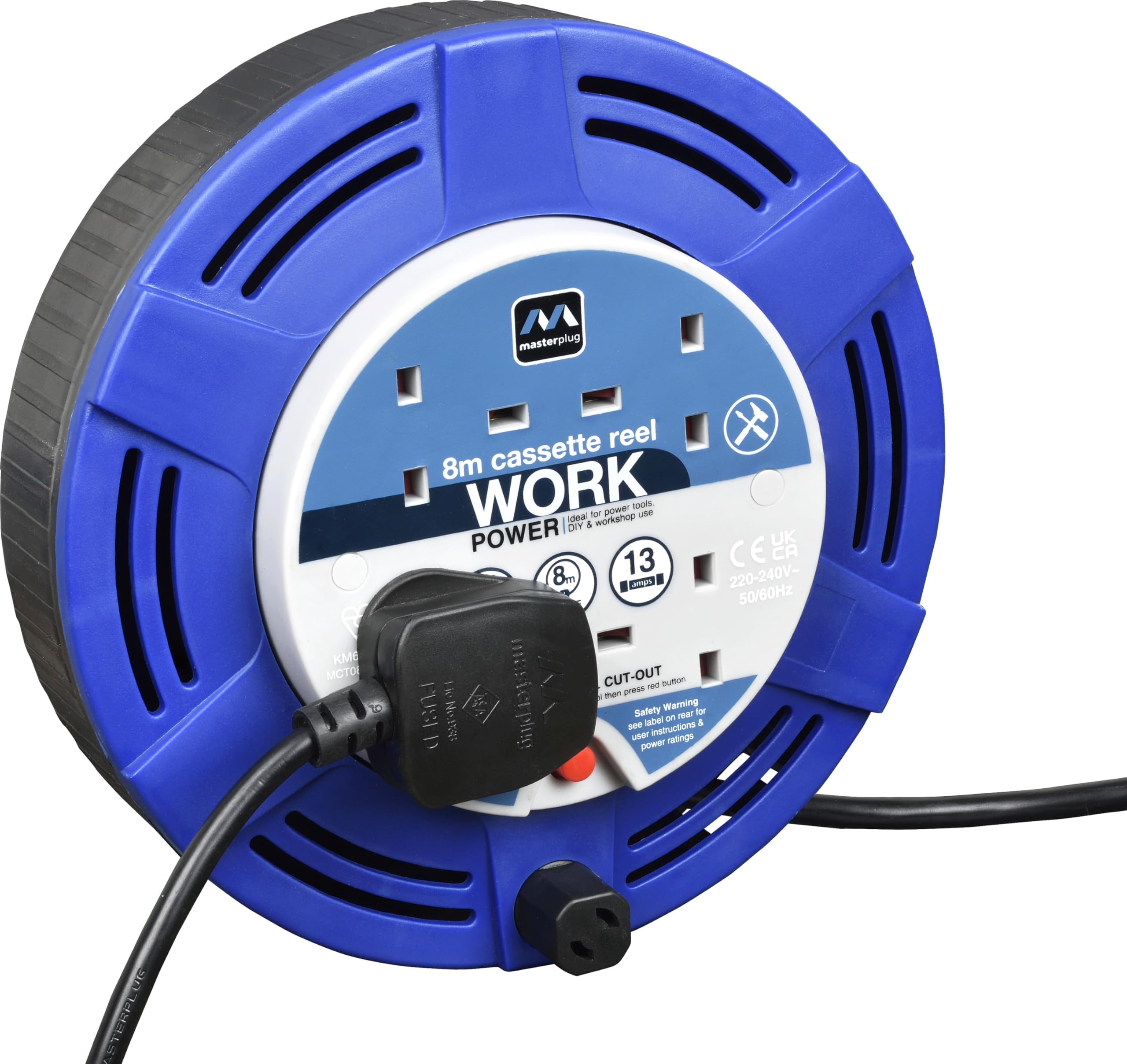 Masterplug Four Socket Cassette Cable Reel, 8 Metres, Blue