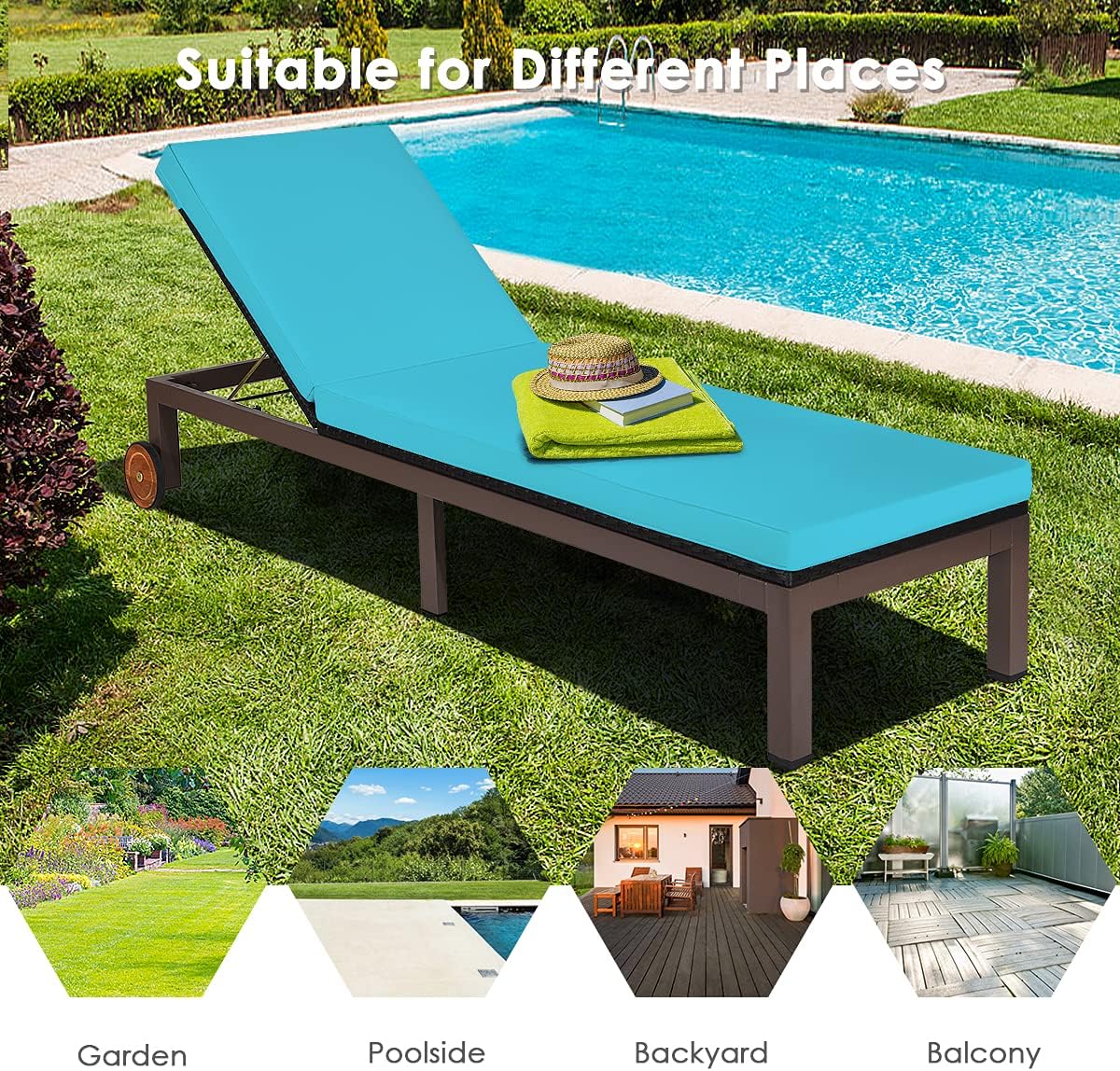 DORTALA Outdoor Pool Chaise Lounge Chair, Metal Rattan Lounger Recliner Chair W/Wheels, Folding Wicker Chaise Chair W/Cushioned Seating, Turquoise