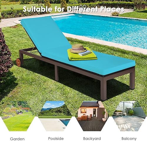 Miniatura 7 de GORELAX Tumbona para exteriores, tumbona reclinable de ratán con cojín acolchado, sillas de piscina ajustables de 5 posiciones con ruedas para