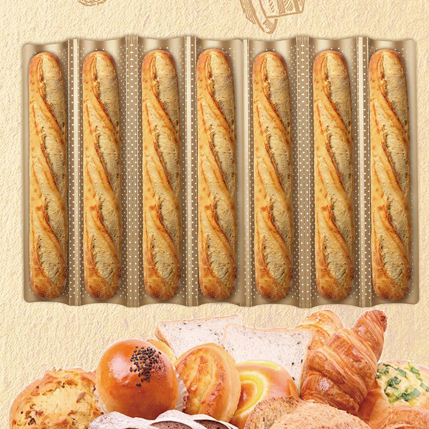 ABuff 4 Pack Nonstick French Baguette Bread Pan 15" x 13" for French Bread Baking Heat Resistant Perforated 4 Loaves Loaf Bake Mold Baguette Tray for Sourdough, Professional Baking Supplies
