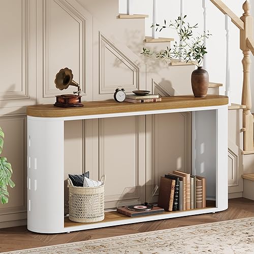 Mesas consola estrechas para entrada, mesa de sofá de madera de 2 niveles con estante de almacenamiento, mesa de granja detrás del sofá para sala de