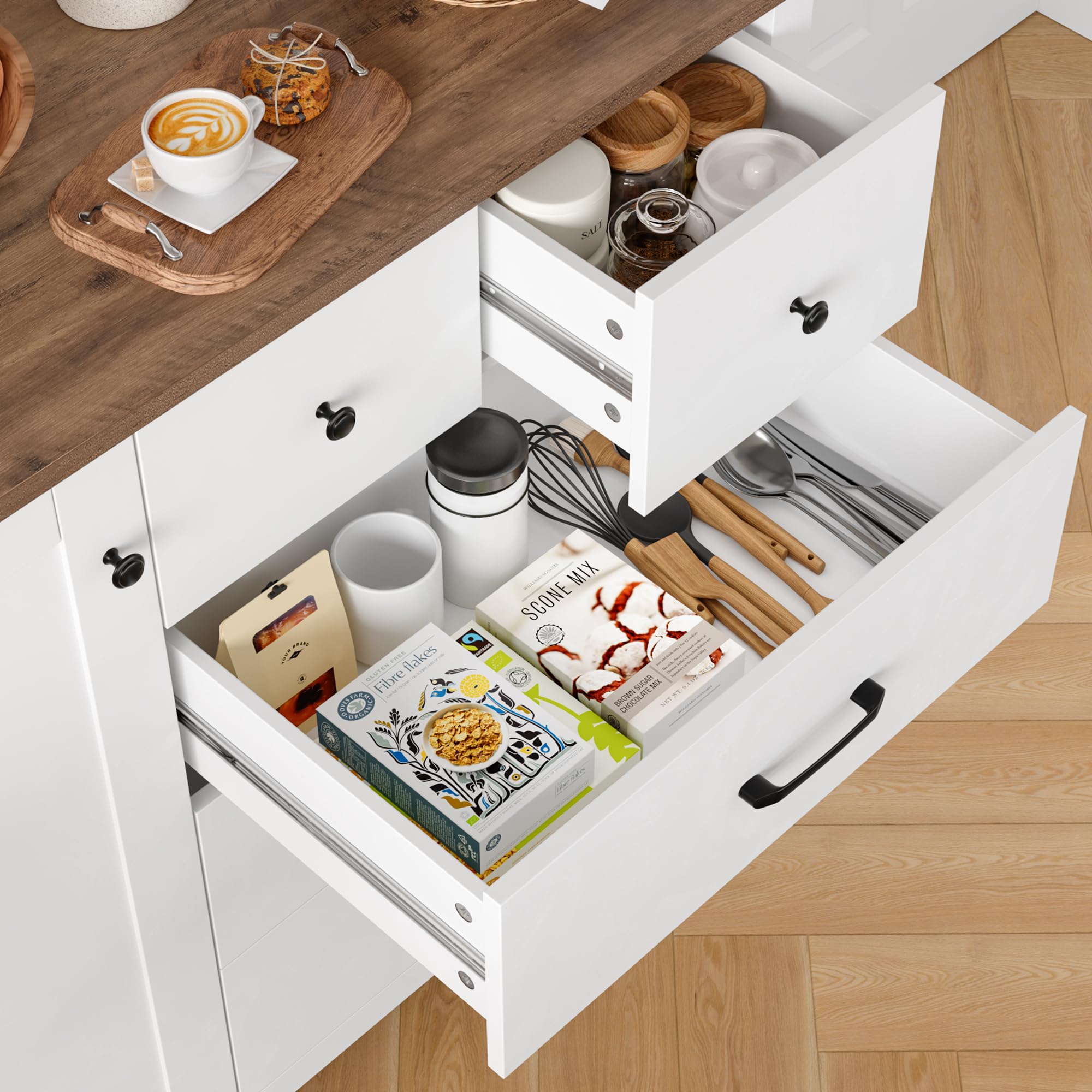 HOCSOK Credenza Cucina con 5 Cassetti e 1 Porta, Mobile Ingresso in Legno | Ripiano Regolabile, Madia Soggiorno Moderna con Piano, 108 x 82,5 x 39 cm, per Soggiorno, Cucina e Ingresso, Bianco e Marrone
