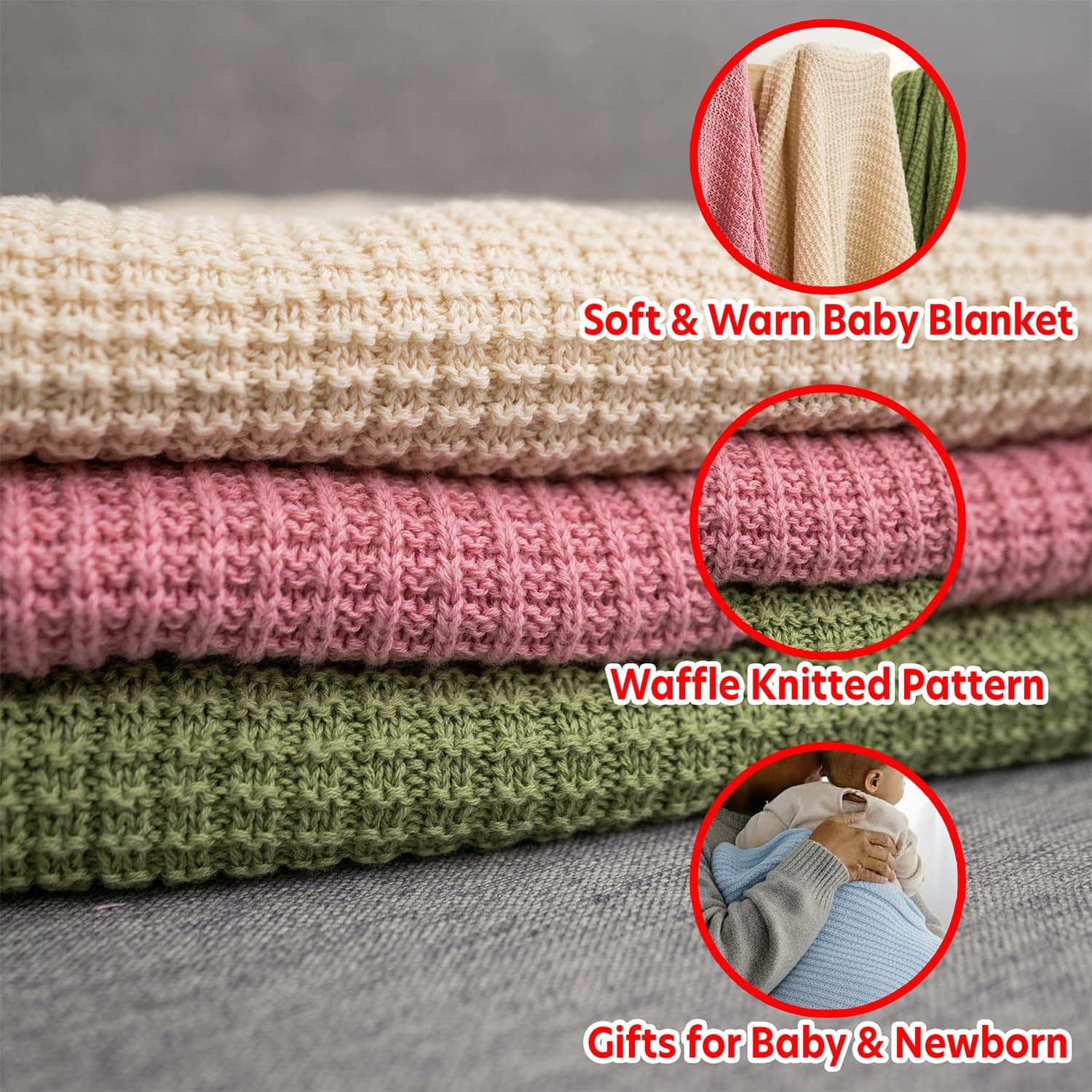 Baby Knit Blanket, 100% Cotton Waffle Patterns, Soft, Cozy, Lightweight Swaddle for Newborn & Infant Swaddling Beige Neutral, Perfect Baby Shower Ideas Baby Blue 28x36