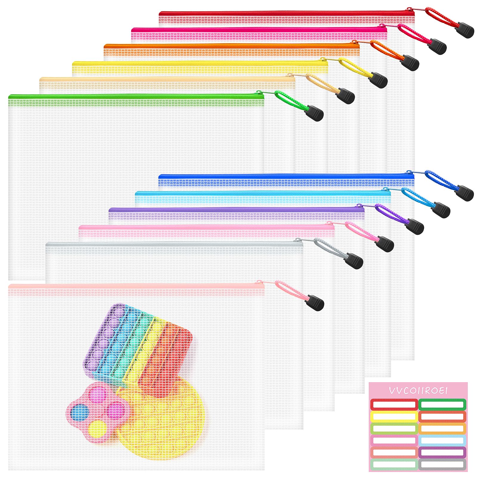 12pcs Mesh Zipper Pouch Bags, B5 Zipper Pouch, Mesh Bags with Zipper, Plastic Zipper Pouches, 12 Colors Zipper Pouches for Organizing, Board Game Storage, Travel, School Office Organize