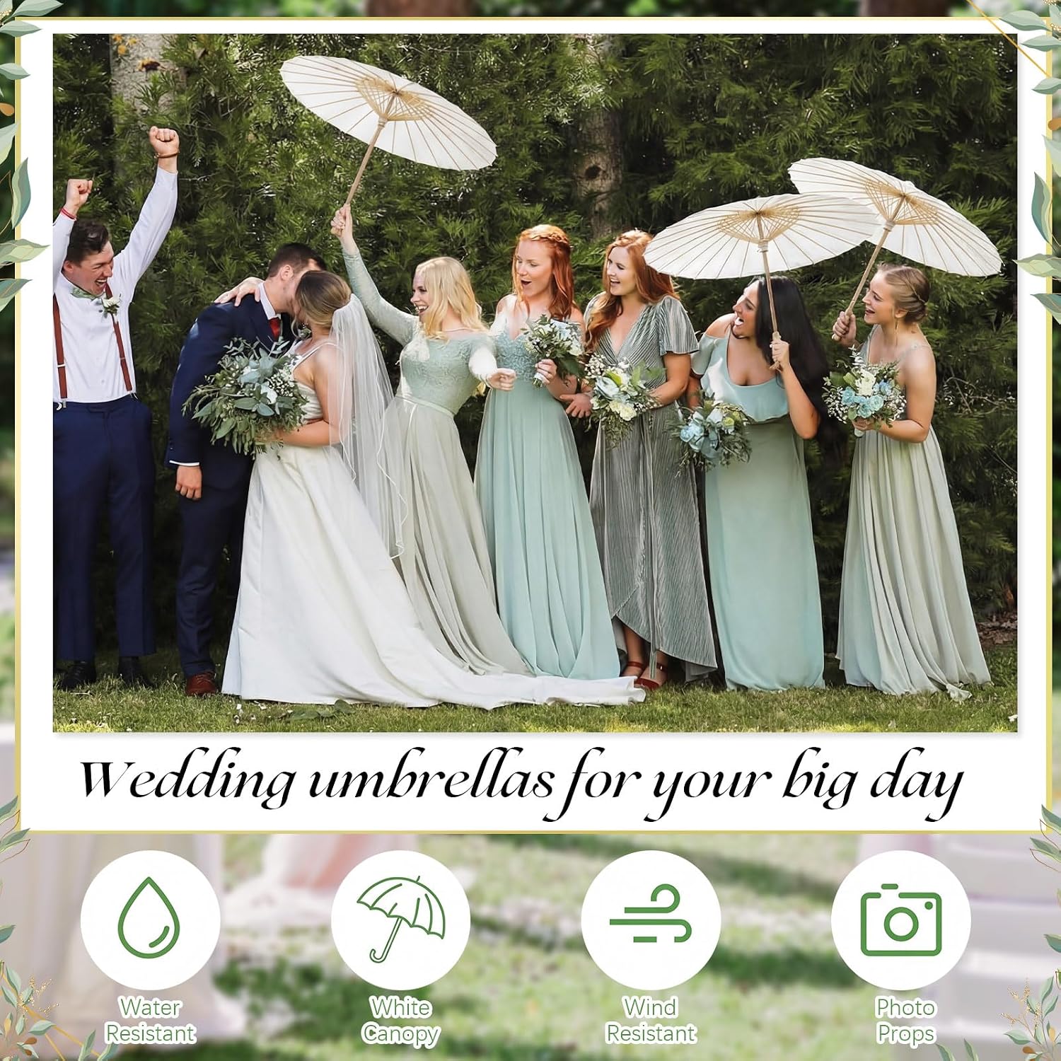 Sadnyy 33 Inches Large White Polyester Paper Umbrella Parasol Chinese Japanese Parasol Rain Windproof with Thank You Tags Rope Wedding Favors for Guest Bulk Souvenirs for Bridal Party Favors