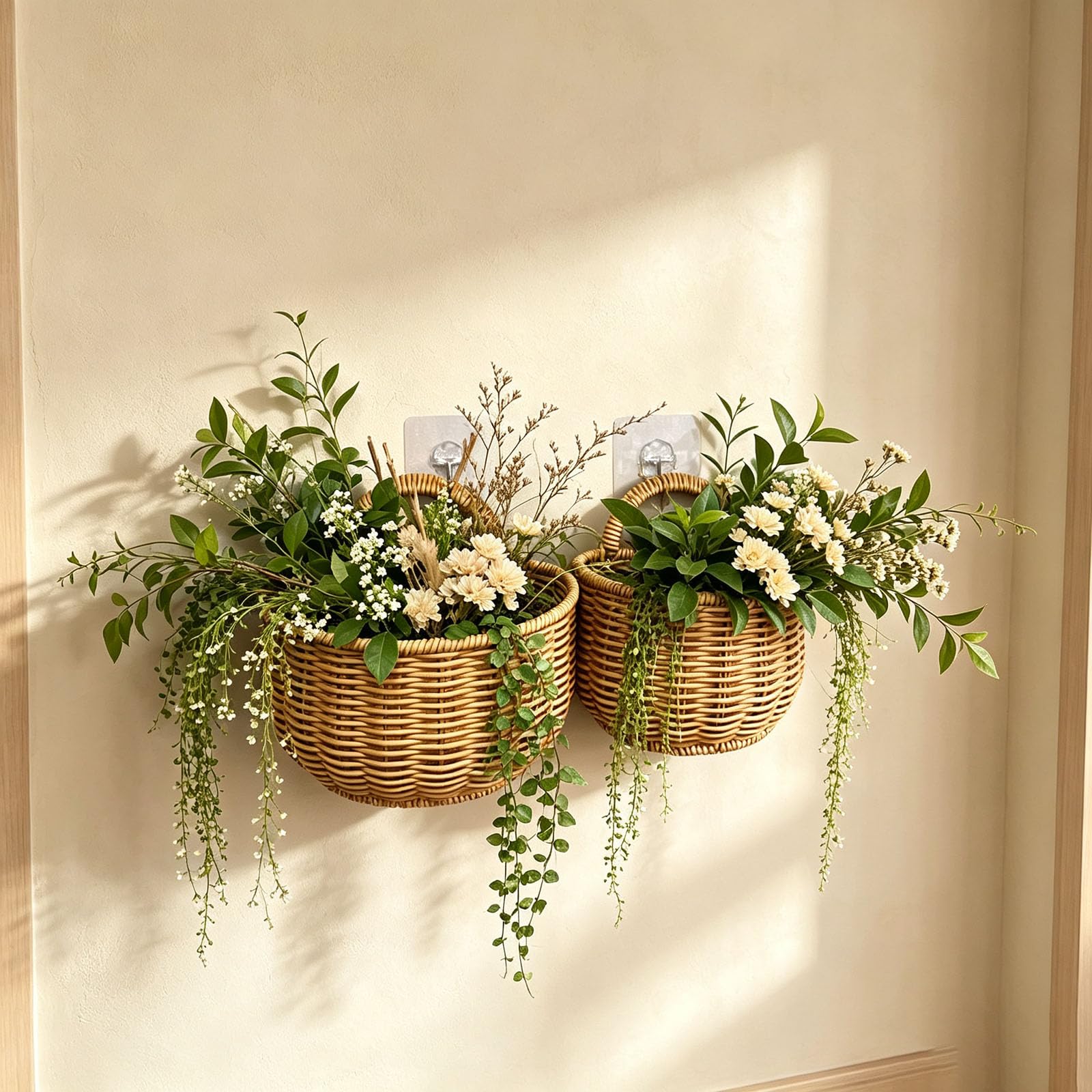 2 PCS Woven Storage Basket, Wall Hanging Storage Baskets, Kitchen Storage with hooks, Handwoven Durable Rattan Storage Basket for Decorate Vanity Countertop Kitchen Seasoning Garlic Storage-Semicircle — image 1