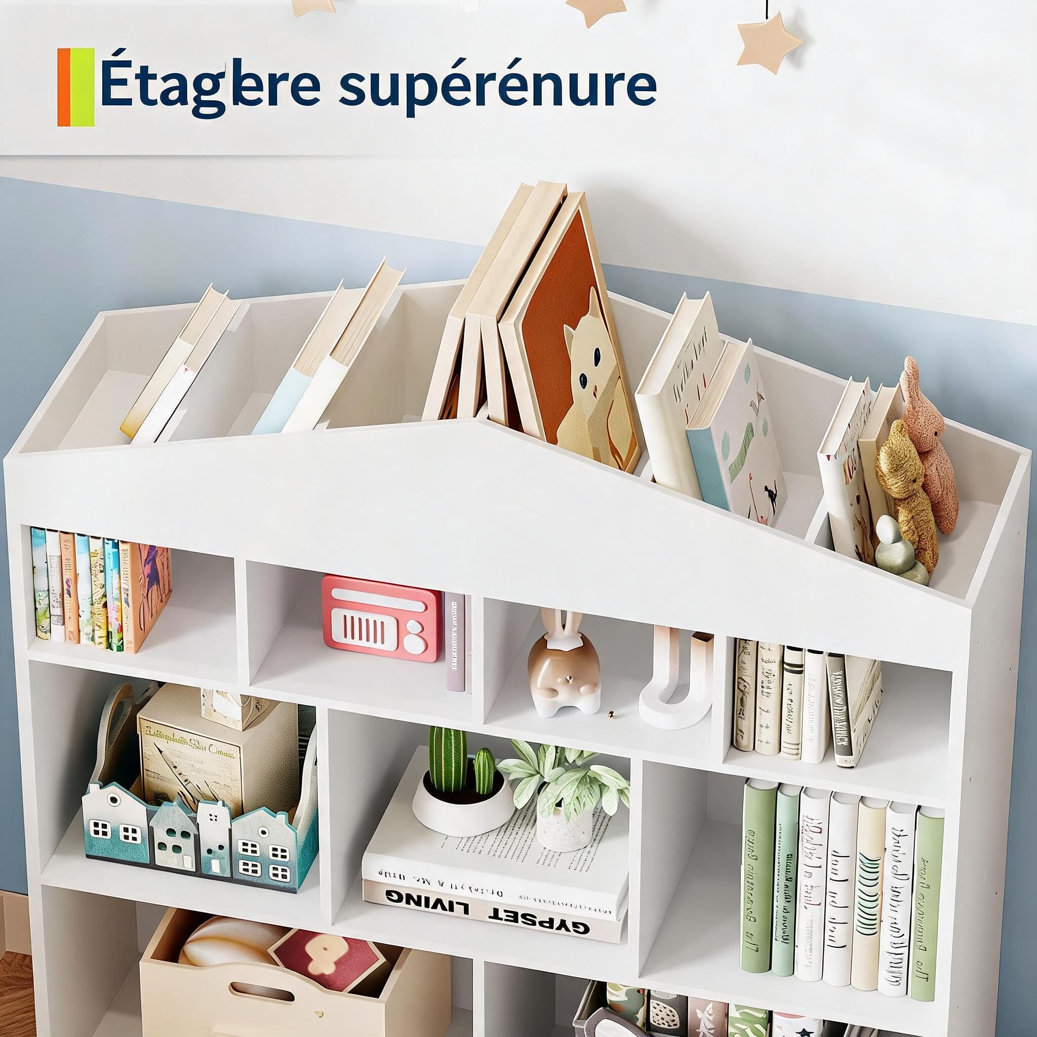 Sécurité et Design Maison – Bibliothèque Enfant en Forme Maison | 4 niveaux, 15 cubes, étagère à livres et jouets en bois