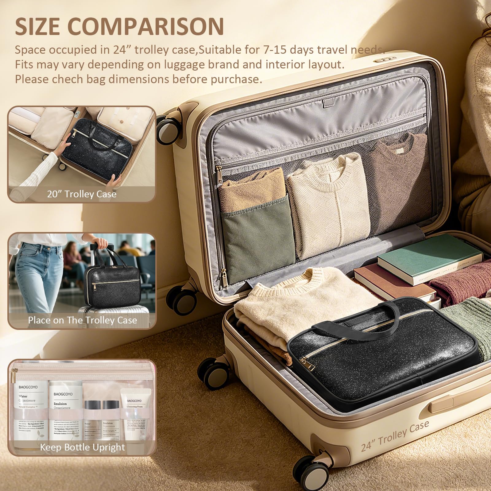 Beauty case da donna, borsa da toilette da appendere, impermeabile, organizer per articoli da toeletta glitterata, organizer per accessori da viaggio, elementi essenziali da viaggio, grande