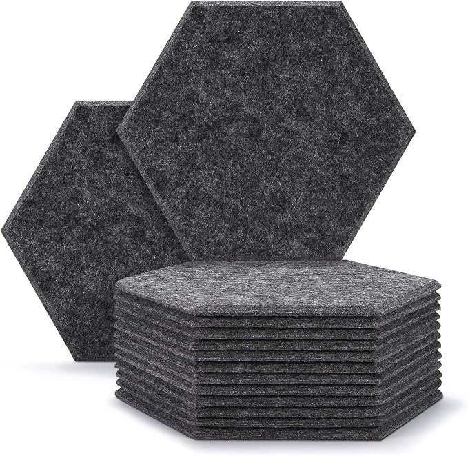12 paneles de absorción acústica, AGPTEK de 30x26x0.9 cm, paneles hexagonales acústicos, paneles de aislamiento acústico ideal para decoración de paredes y tratamientos de insonorización-Gris oscuro