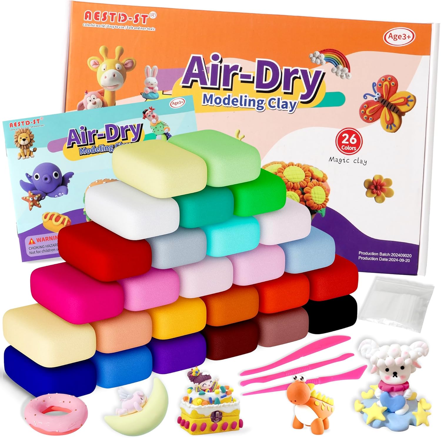Air Dry Clay 26 Corlors, Modeling Clay for Kids, DIY Soft Magic Clay, Non-Sticky, Molding Clay with Sculpting Tools and Play Cards, Arts and Crafts Gift for Boys Girls Kids.