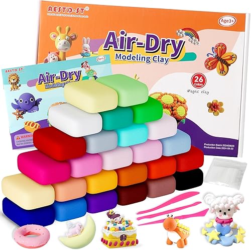 Arcilla seca al aire con 26 corlores, arcilla para modelar para niños, arcilla mágica suave, antiadherente, arcilla de moldeo con herramientas de