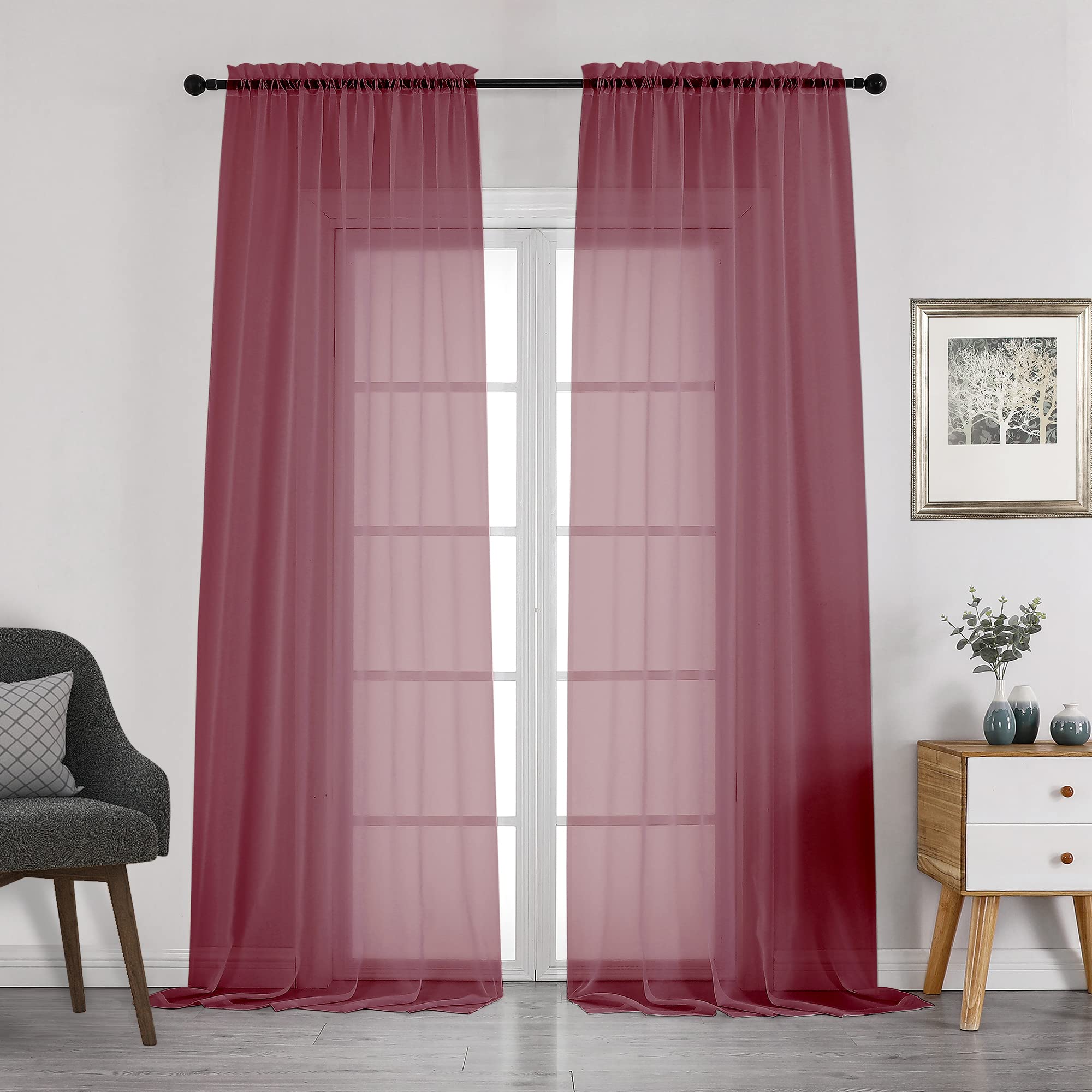 Chyhomenyc Sheer Curtains 108 Inches Long, Set of 2, Window Treatments Rod Pocket Drapes for Living Room, Bedroom, Semi Sheer Voile Curtain Panels for Yard Patio Villa Parlor, 42"x108", Burgundy