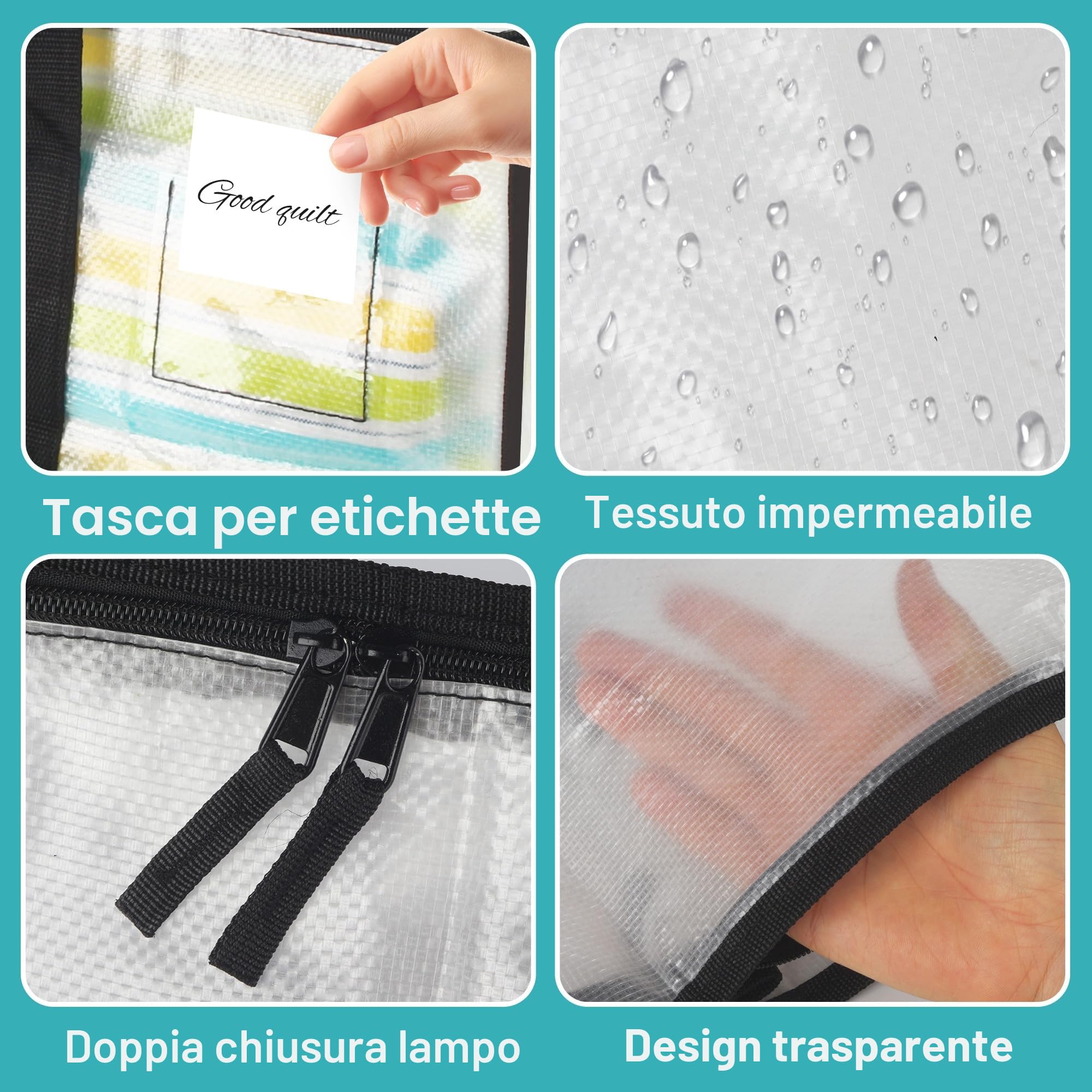 4 Pezzi Borse per Trasloco Grandi con Cerniera, Borse di Stoccaggio Extra Large, Impermeabile con Manici a Cerniera, Borsa Pieghevole di Grande Spazio per Traslochi, Campeggio, Trapunte, Vestiti