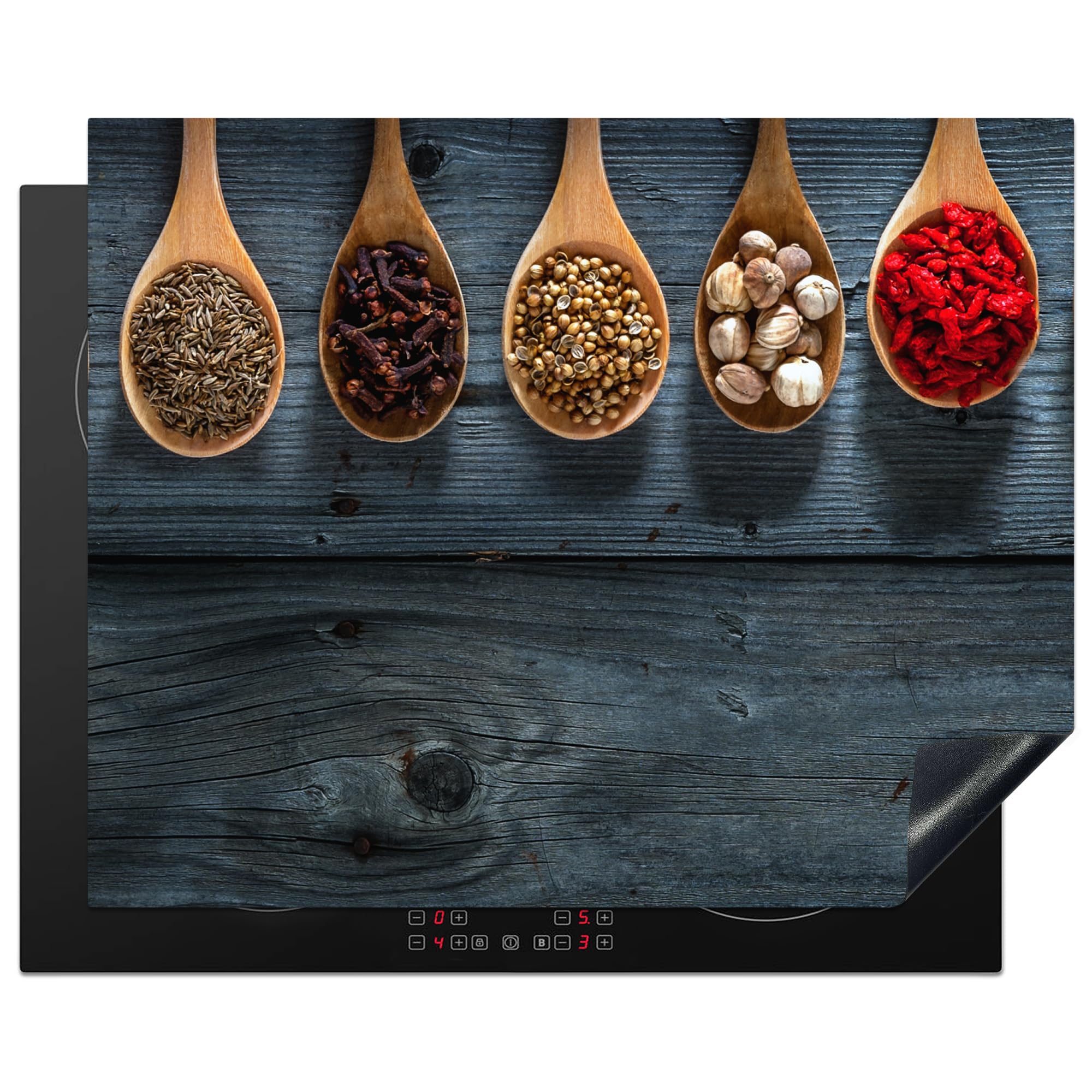 KitchenYeah© Induction Hob Protector Mat 20.5"x25.6" / 65x52 cm Stove Cap Top Cover Kitchen Cooker Covers for Electric Hobs Vinyl Herbs - Spoons - Wood - Kitchen - Spices - Industrial — image 1