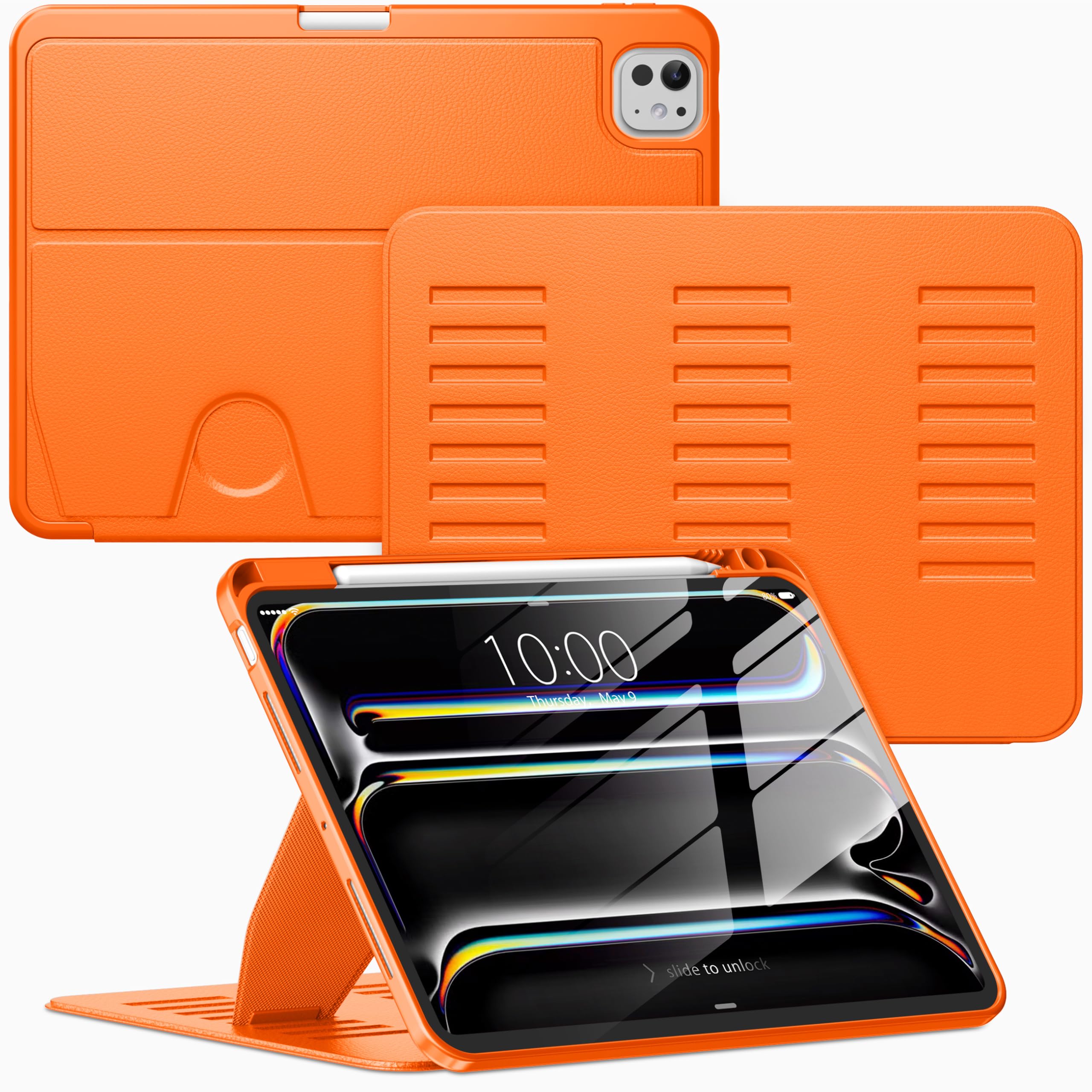 VIKESI Case for iPad Pro 11 inch (M5/M4) 2025/2024,Multiple Angles Magnetic Stand Cover,Shockproof Back,Pencil Holder,and Auto Sleep/Wake,Orange