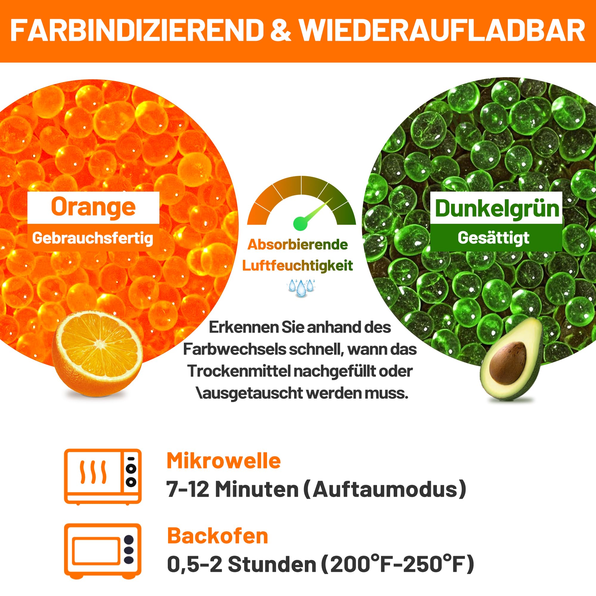 Orange Silikat Silica Gel Regenerierbar Silikat Trockenmittel 0.9kg, 3-5mm Indikator Silica Kugeln Desiccant für 3D Filament, Elektronische Geräte, Kamera, Schmuck (Enthält 10 Organzabeutel)