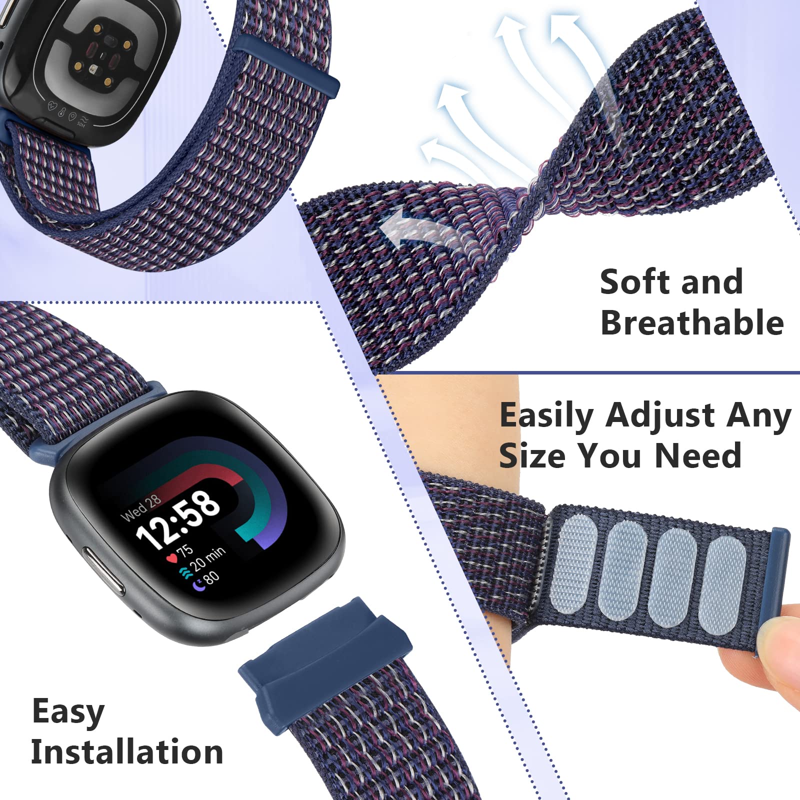 Bcuckood Nylon Loop Compatible with Fitbit Sense 2/Sense/ Versa 4/ Versa 3 Bands, Women Men Soft Nylon Adjustable Breathable Strap Solo Loop Replacement Wristband