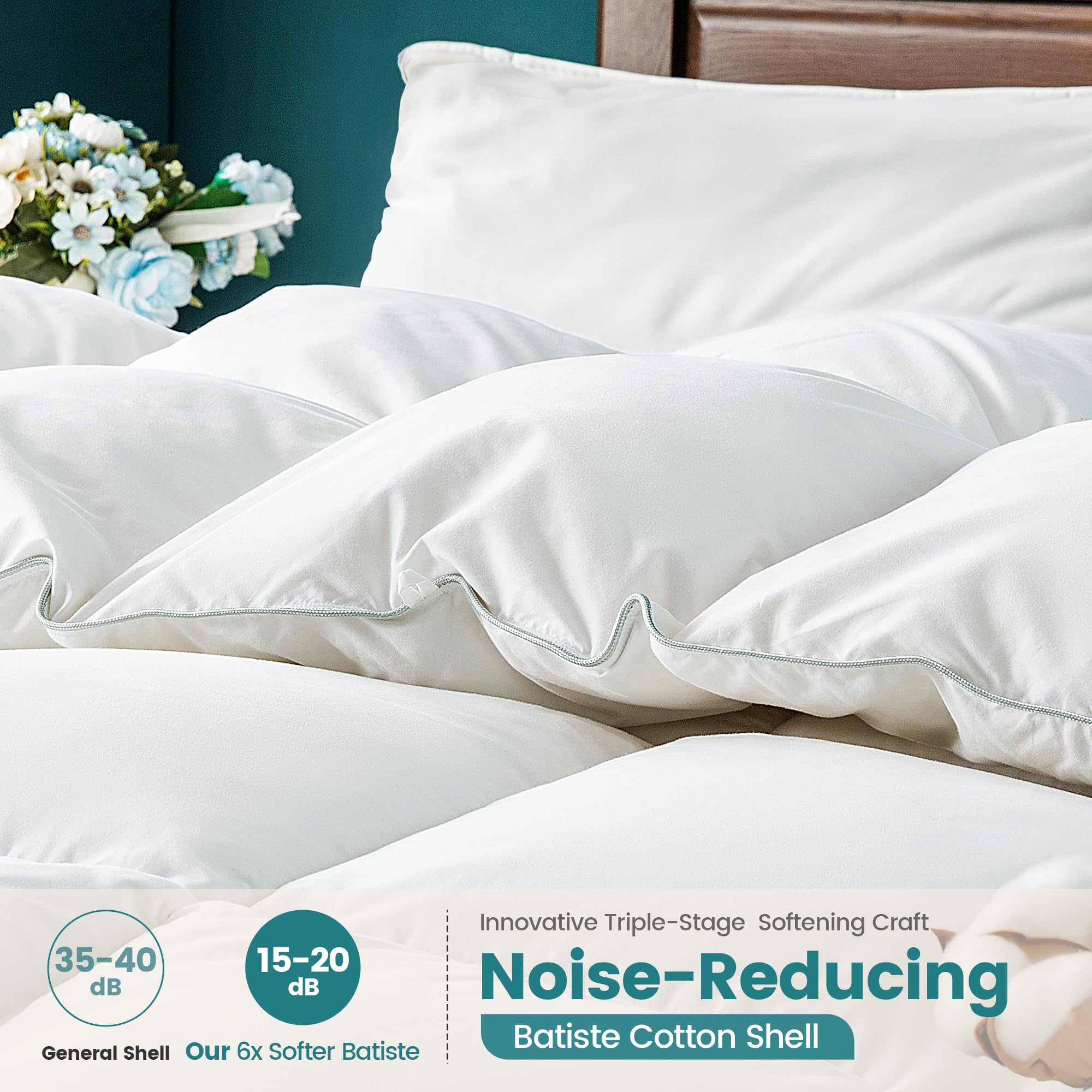 DownAero™ Duvet Insert Queen Size, 1600 TC/DM Batiste Poly-Cotton Blend Feather Down Comforter High Fill Power 46 Oz Medium Warmth White