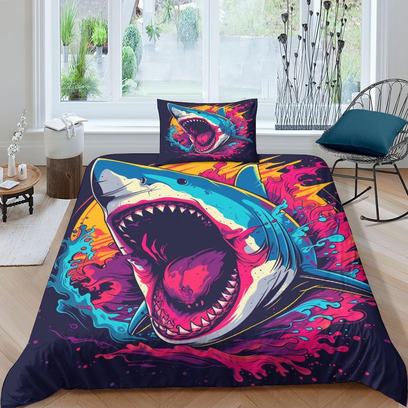 NRAOPEVVD Shark Duvet Cover Set with Pillowcase Duvet Quilt Cover 3D Bedding Set for Kids Boys Girls Teens Microfiber Comforter Cover Hidden Zipper Single（135x200cm）