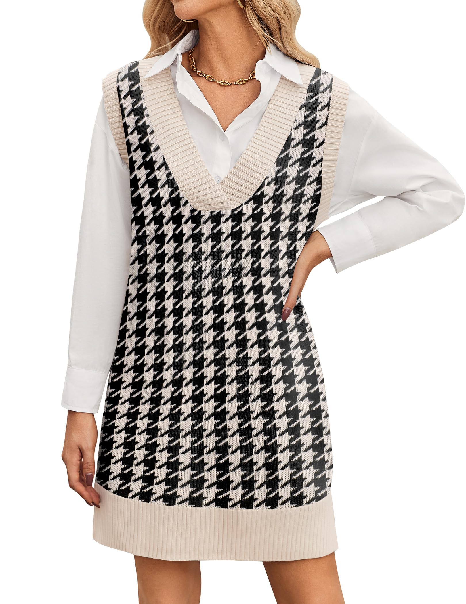 Zeagoo Strickkleid Damen Ärmellos V-Ausschnitt Pullunderkleid Strick Weste Kleid über Bluse Elegant Herbst Winter Outfit Weiches Pulloverkleid Modisches Layering Kleider