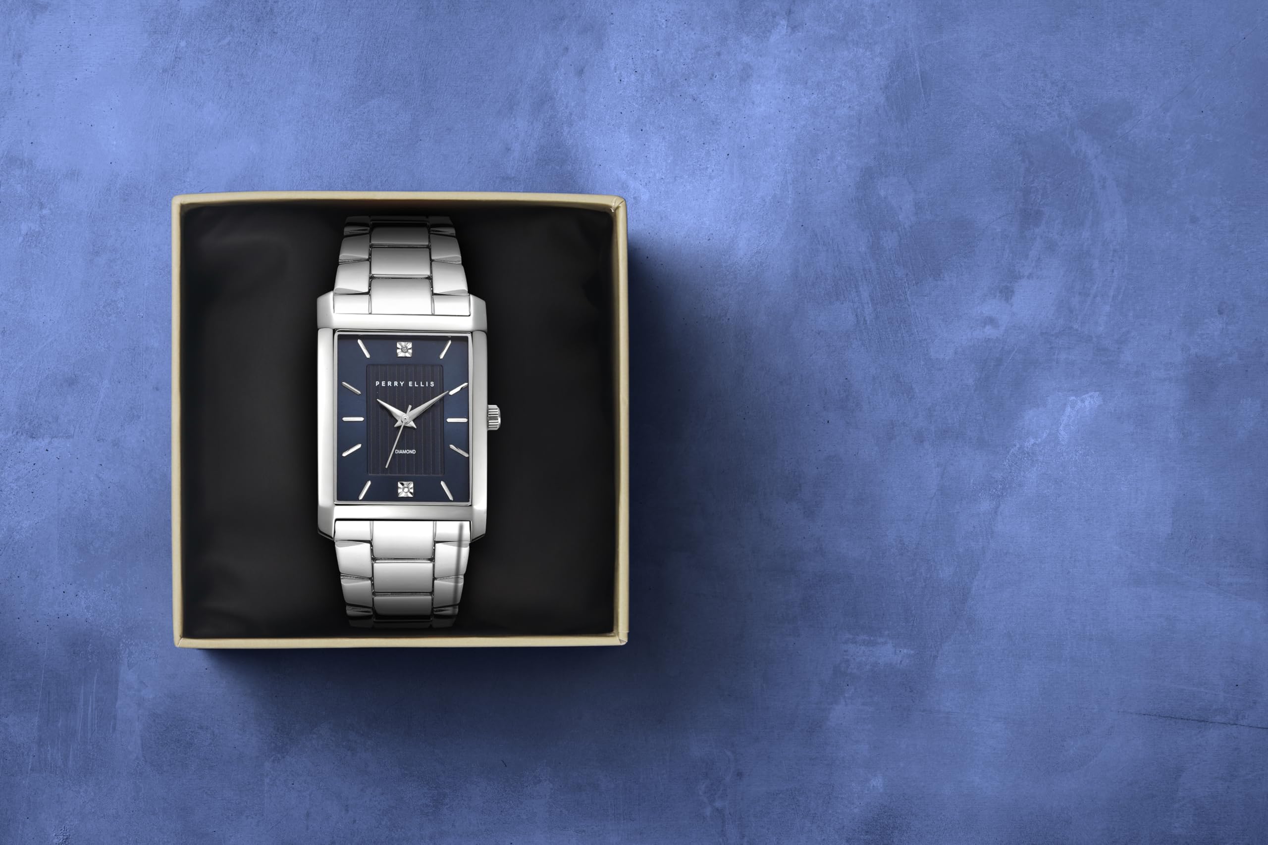 Perry Ellis Men's Watch – Rectangular Silver-Tone, Dark Blue Textured Dial with Diamond Accents, Silver Faceted Indexes, Stretch Bracelet, Quartz Analog Fashion Accessory - 2