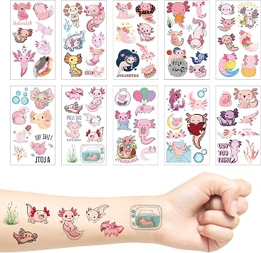 10Sheets Cute Axolotl Temporary Tattoos Stickers for Kids Waterproof Body Art Tattoos Aesthetic Party Favors Classroom Rewards Birthday Party Supplies Decorations Goody Bag Stuffers for Boys&Girls