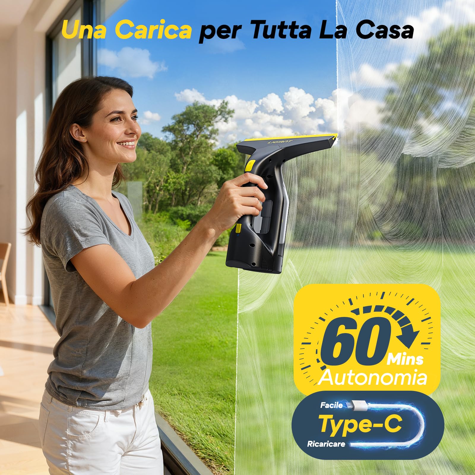 LIGIANT CL03A Lavavetri Aspiragocce Elettrico, 60 Min Autonomia, Ugello 280 mm, Leggero 700 g, Bottiglia Spray e Panni in Microfibra, Ricarica Type-C, Ideale per Finestre, Piastrelle, Specchi e Doccia