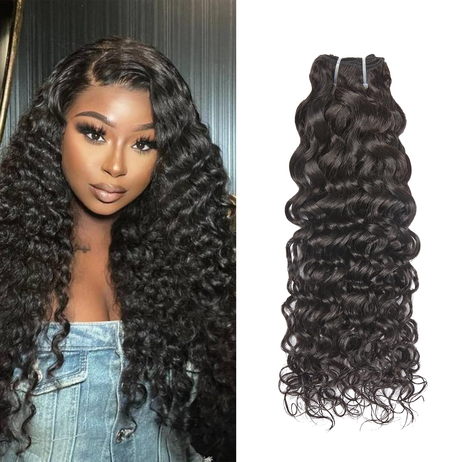 WEQUEEN 100% Human Hair Bundle Premium Wet and Wavy Water Wave Bundle 16A Brazilian Human Hair Full Volume 14 16 18 Inch Long Lasting Natural Black