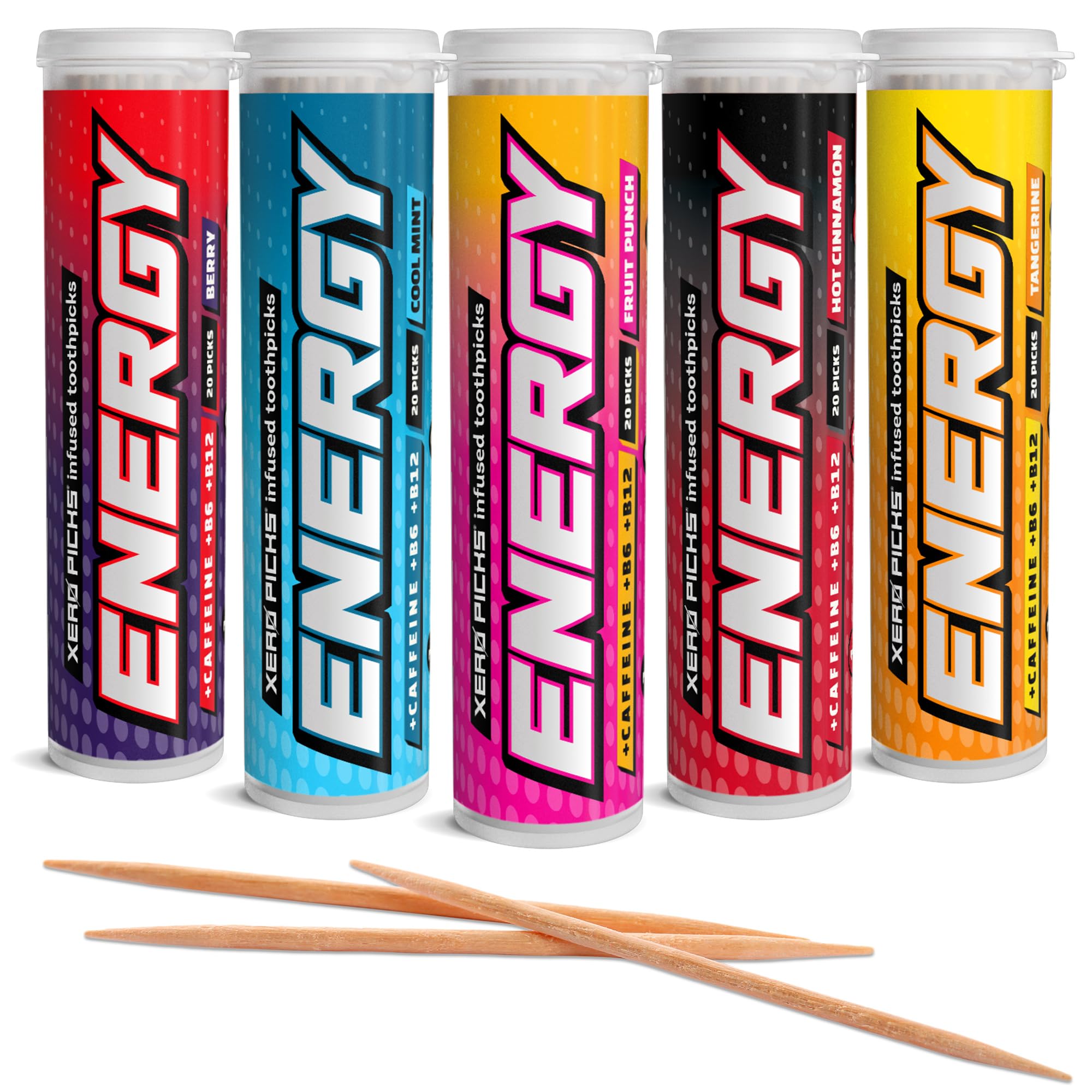 Xero Picks Energy Infused Flavored Toothpicks with Caffeine, B12, and B6 (Limited Edition Variety, 5 Pack), Varieties